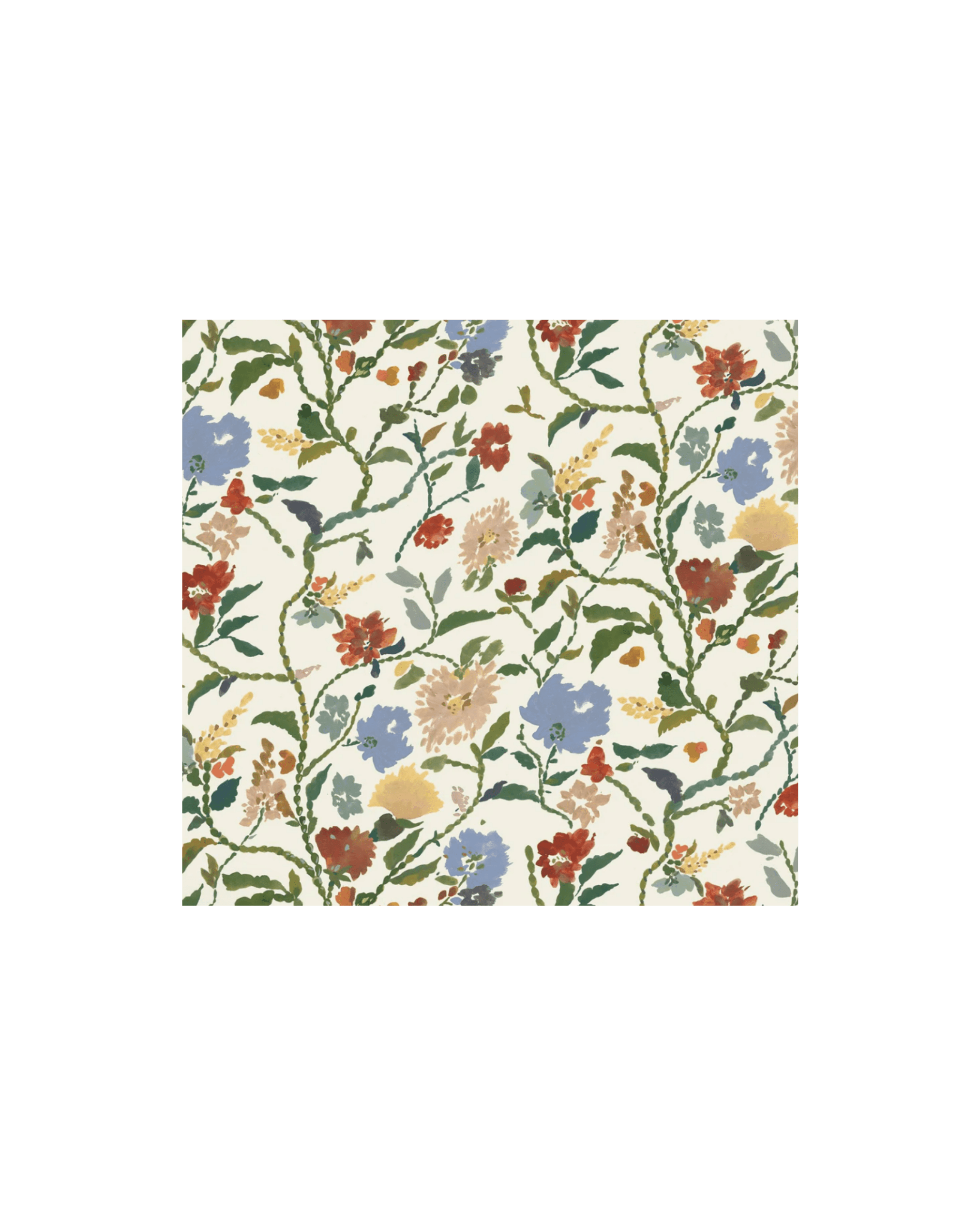 Cream background covered with winding green vines and multicolored flowers in red, blue, yellow, and pink pattern.