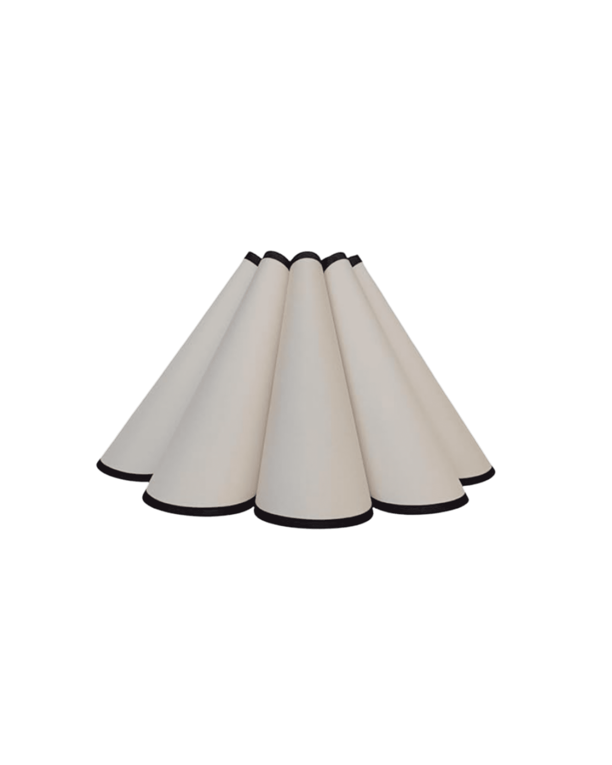 White paper party hats arranged in a scalloped semicircle on a black background, tips tinted black edge.