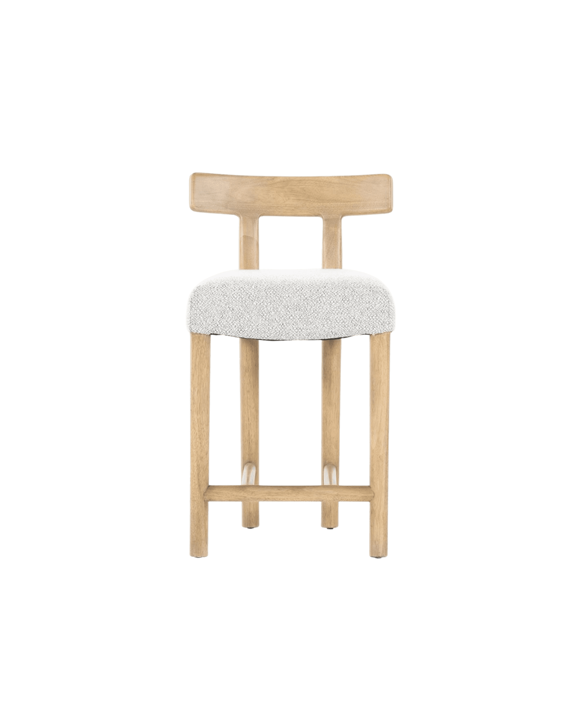 Wooden bar stool with a curved backrest and white upholstered seat, viewed from the front.