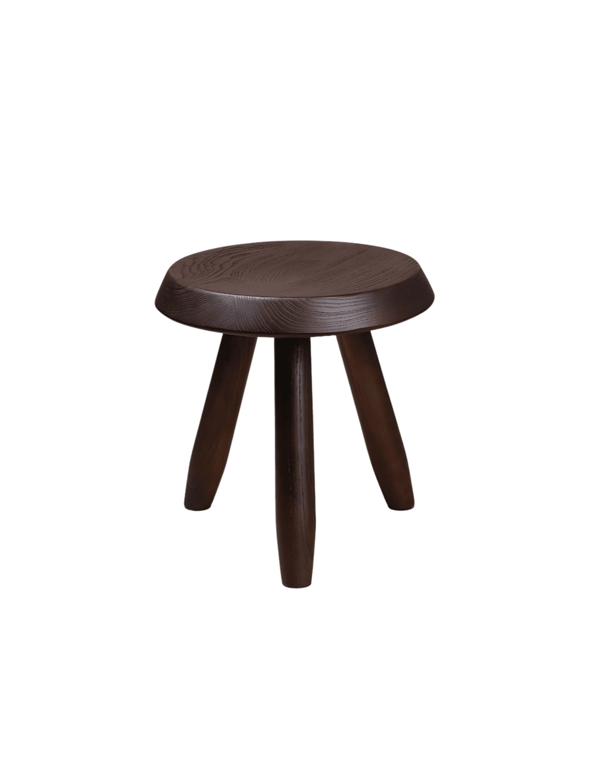 Brown wooden stool with a round seat and four tapered legs, dark finish against a black background.