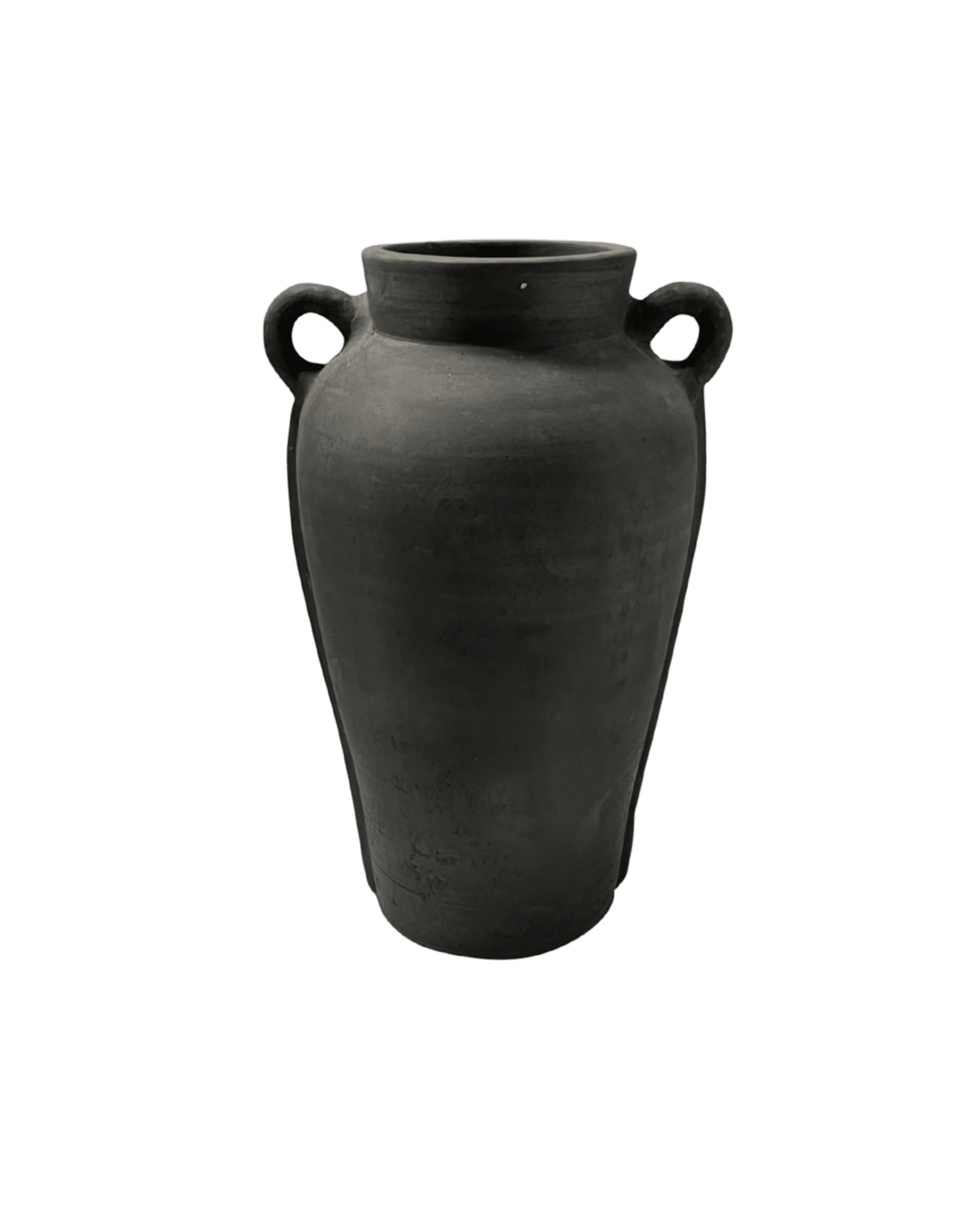 Dark ceramic vase with two loop handles on a black background, cropped at the top of the neck.