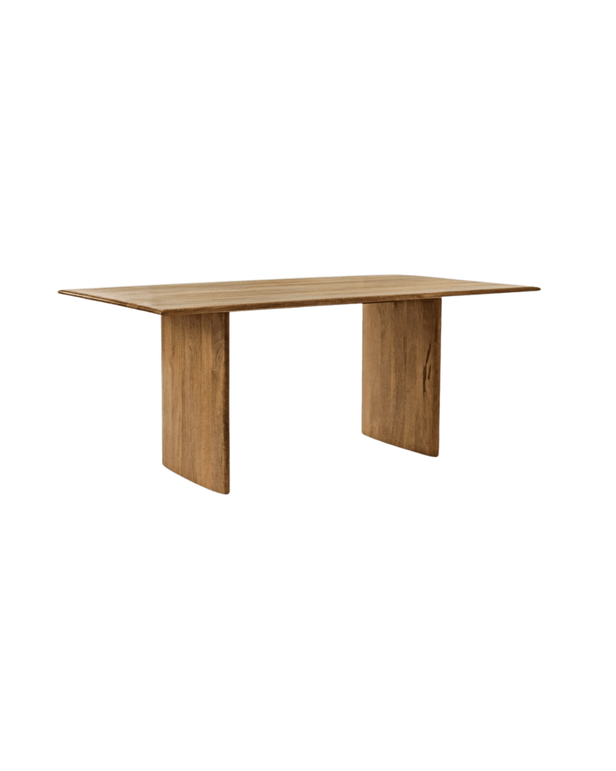 Rectangular wooden table with two sturdy legs, isolated against a black background.