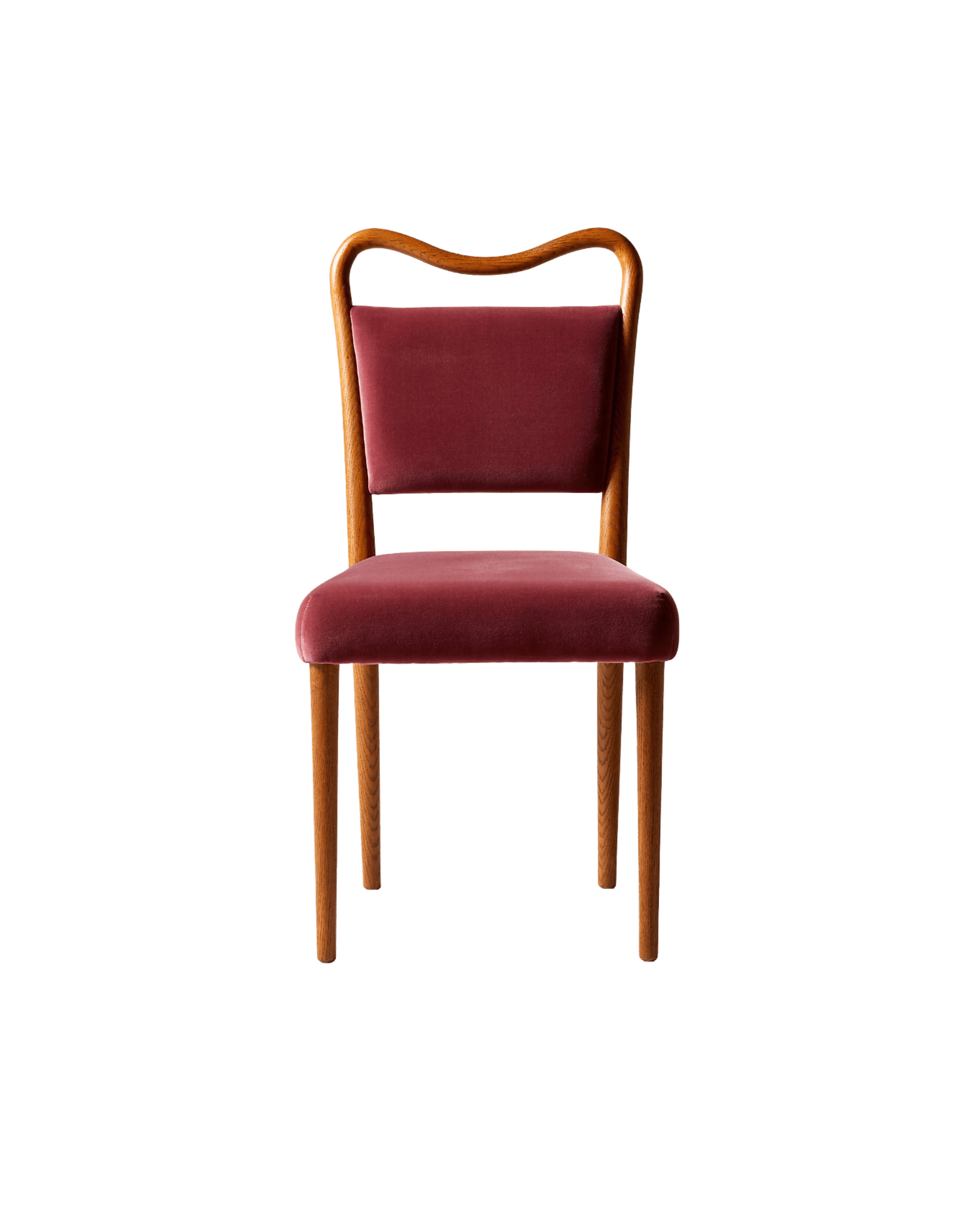 Wooden chair with a curved backrest and red upholstered seat and back, set against a black background (single chair close-up).