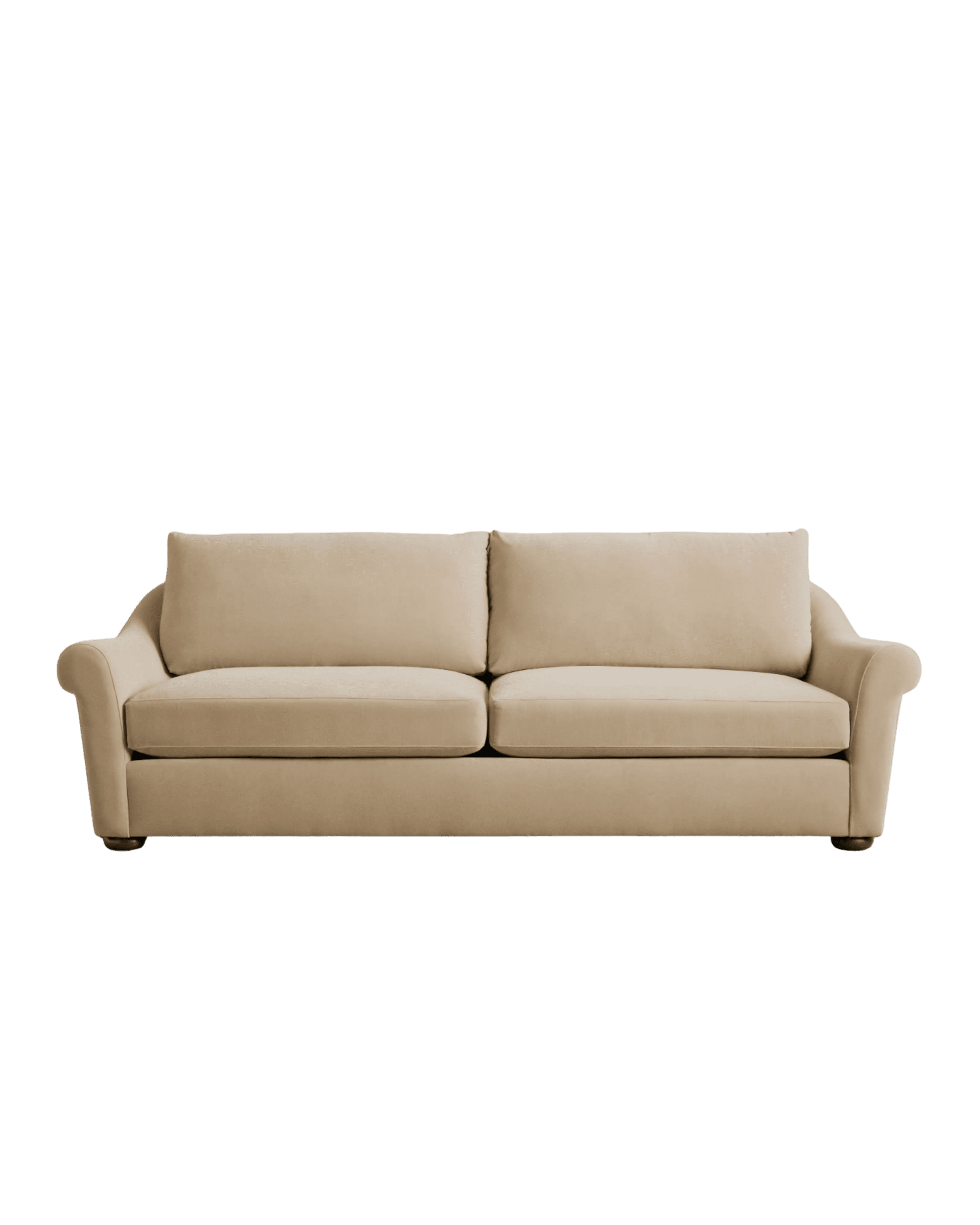 Beige sofa centered against a black background with two back cushions visible