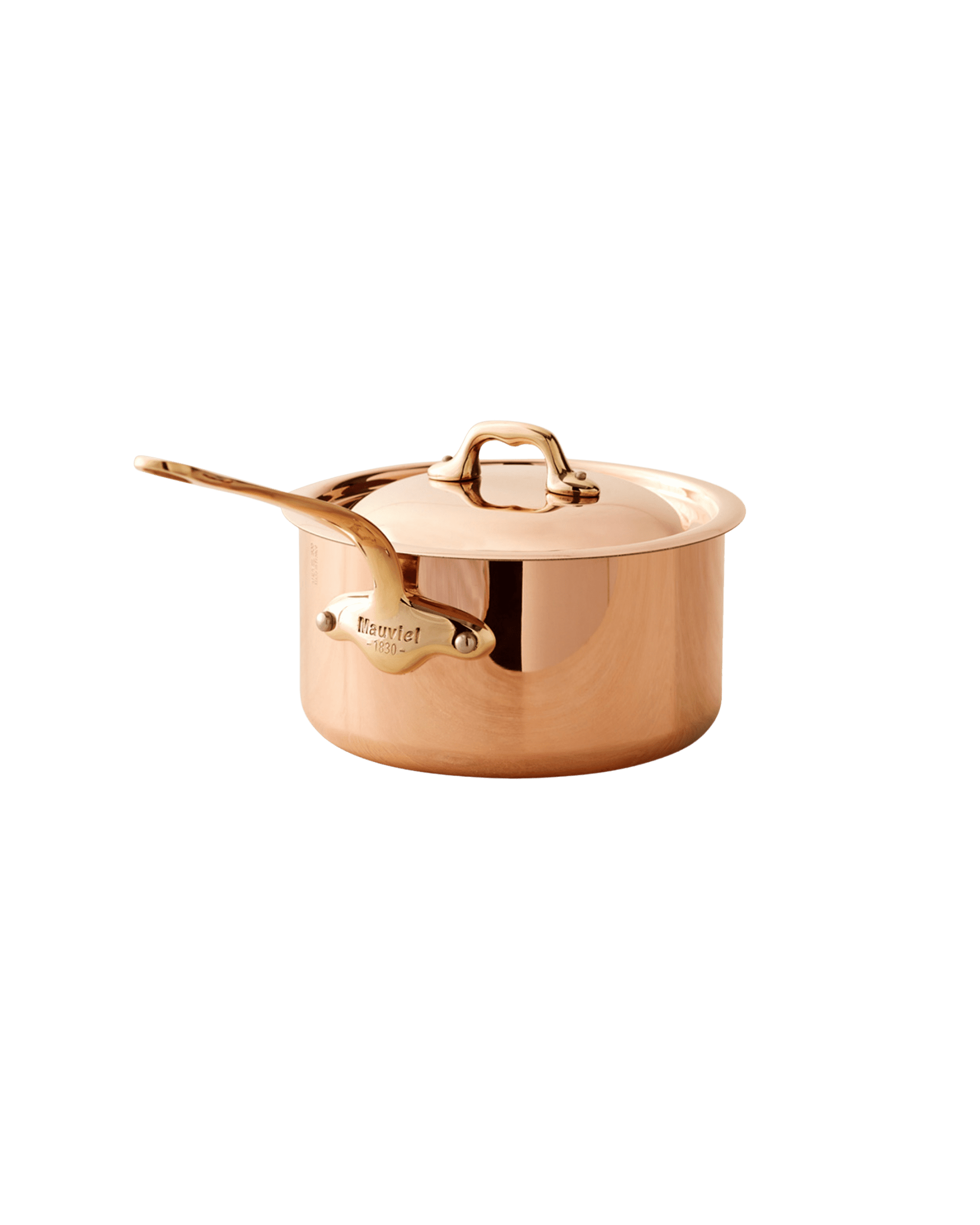 Copper saucepan with a domed lid and curved handle, set against a black background.