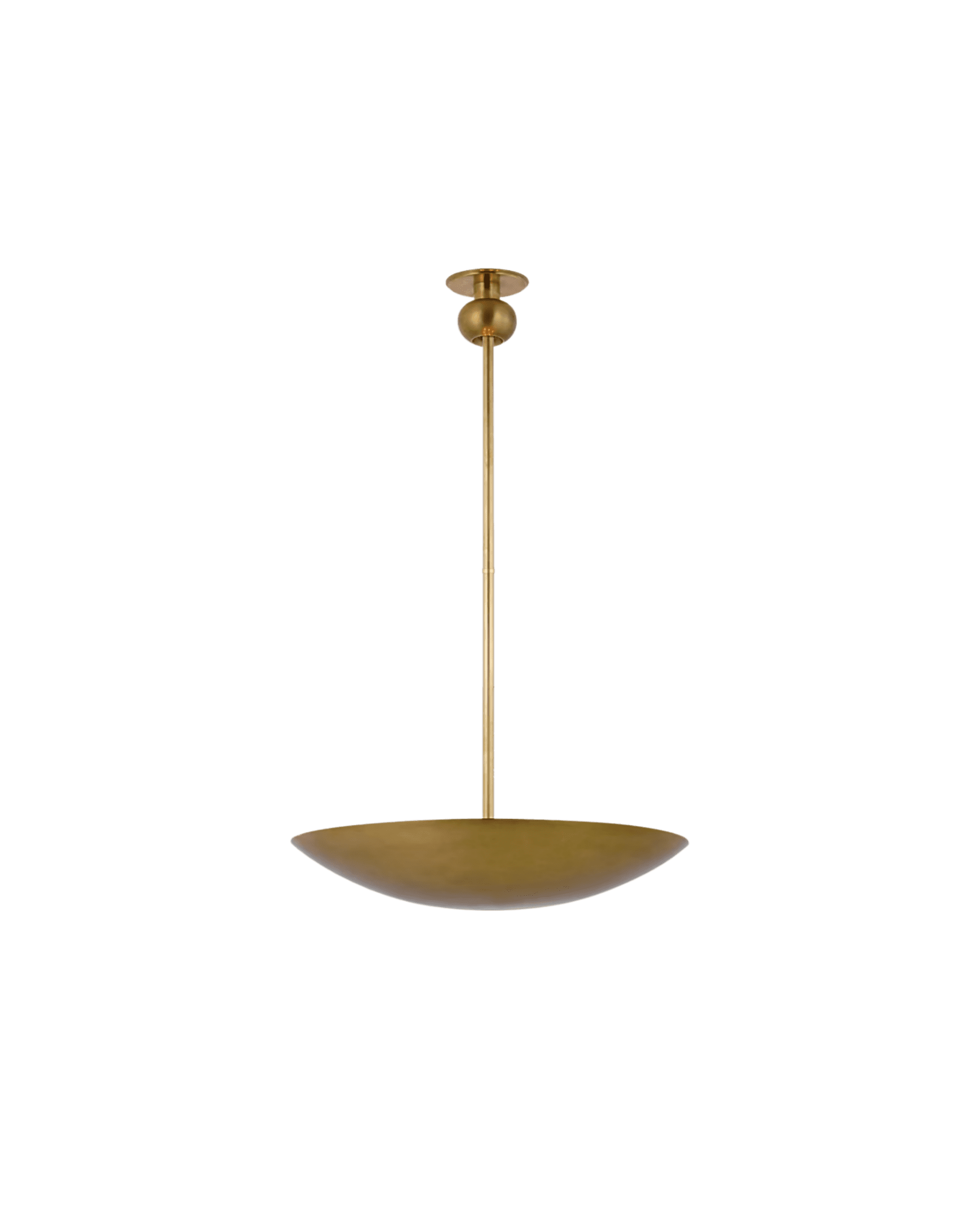 Brass pendant lamp with a long rod and a circular dish shade at the bottom against a black background
