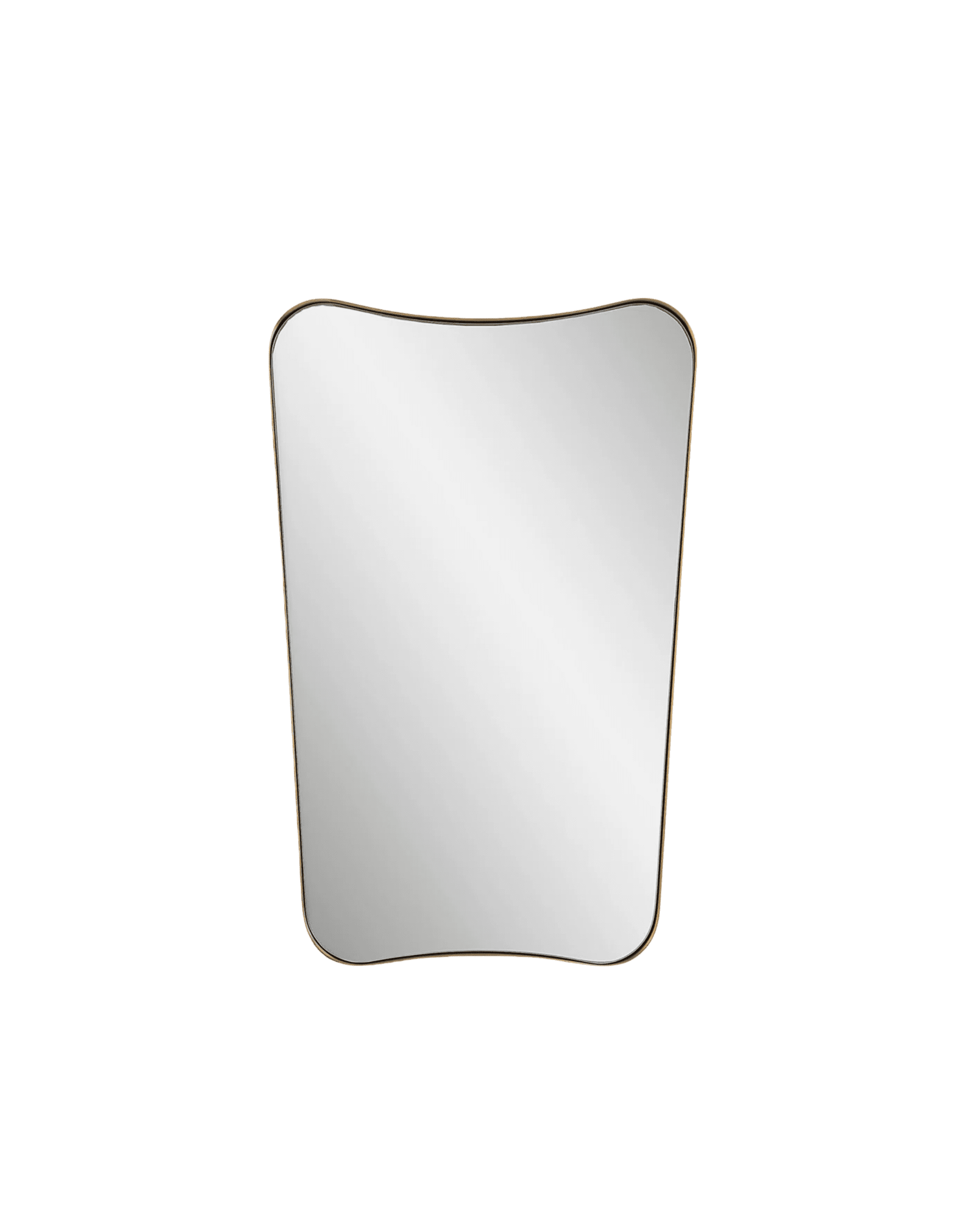 Tall, narrow mirror with a curved top and gold trim against a black background.