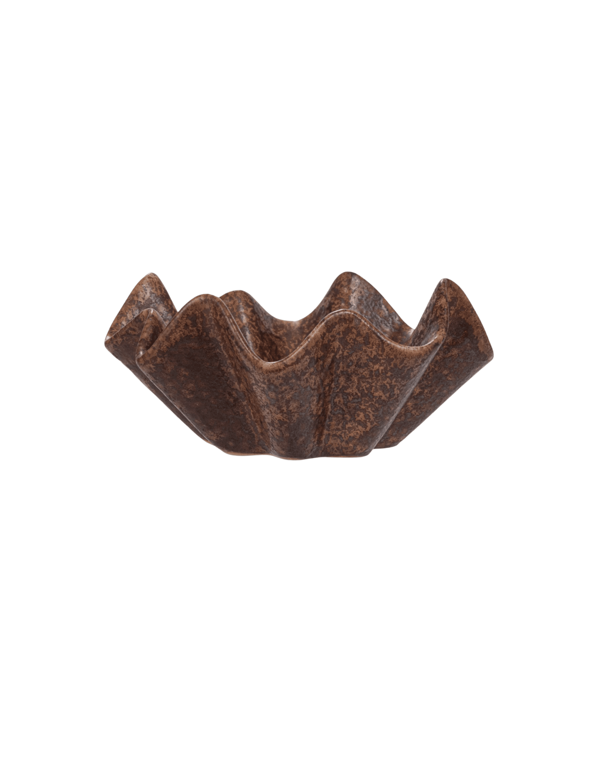 Rusty, wavy-edge metal bowl or sculpture against a black background, partially visible at the bottom of the frame.