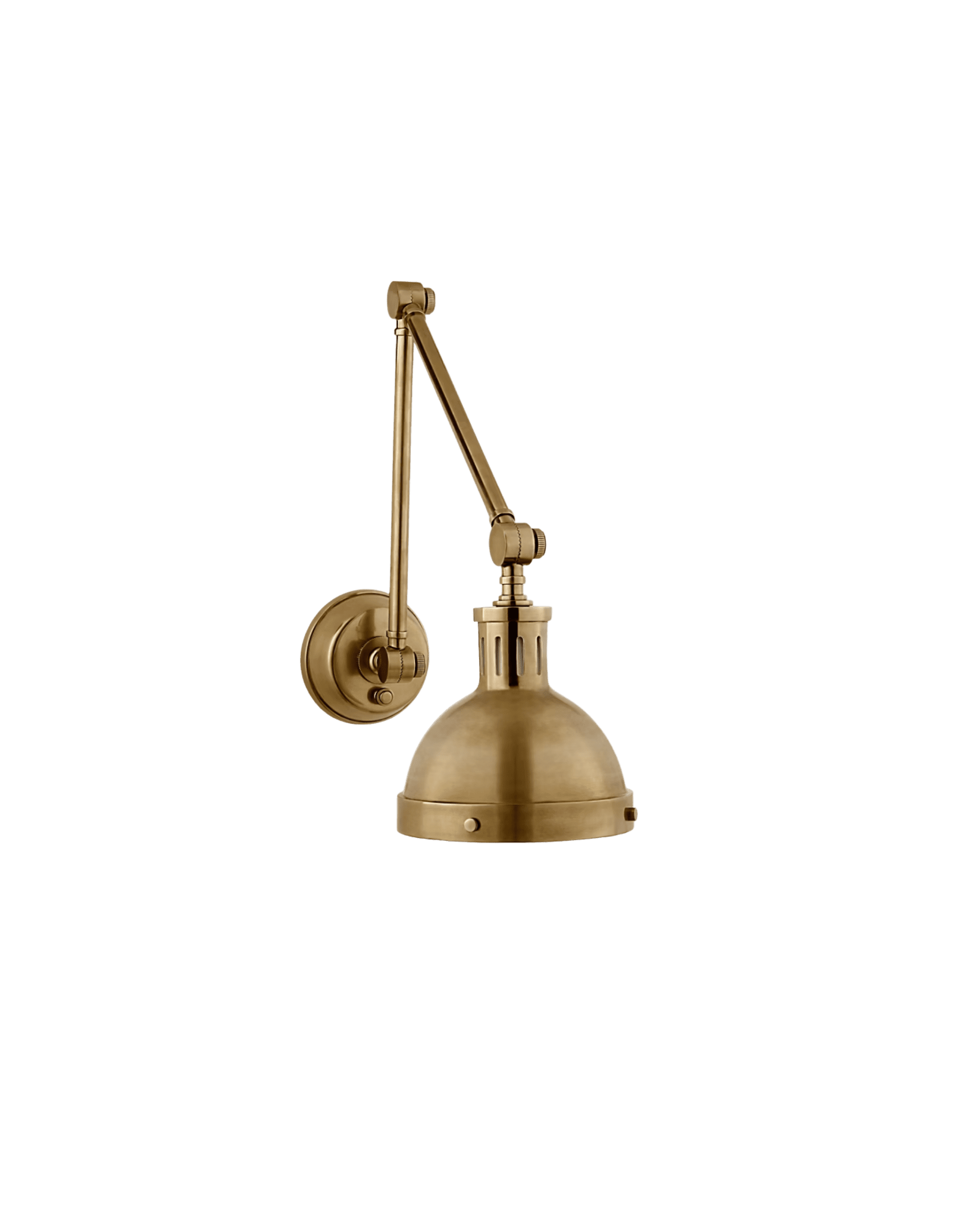 Bronze brass adjustable wall-mounted industrial lamp with a hinged arm against a black background