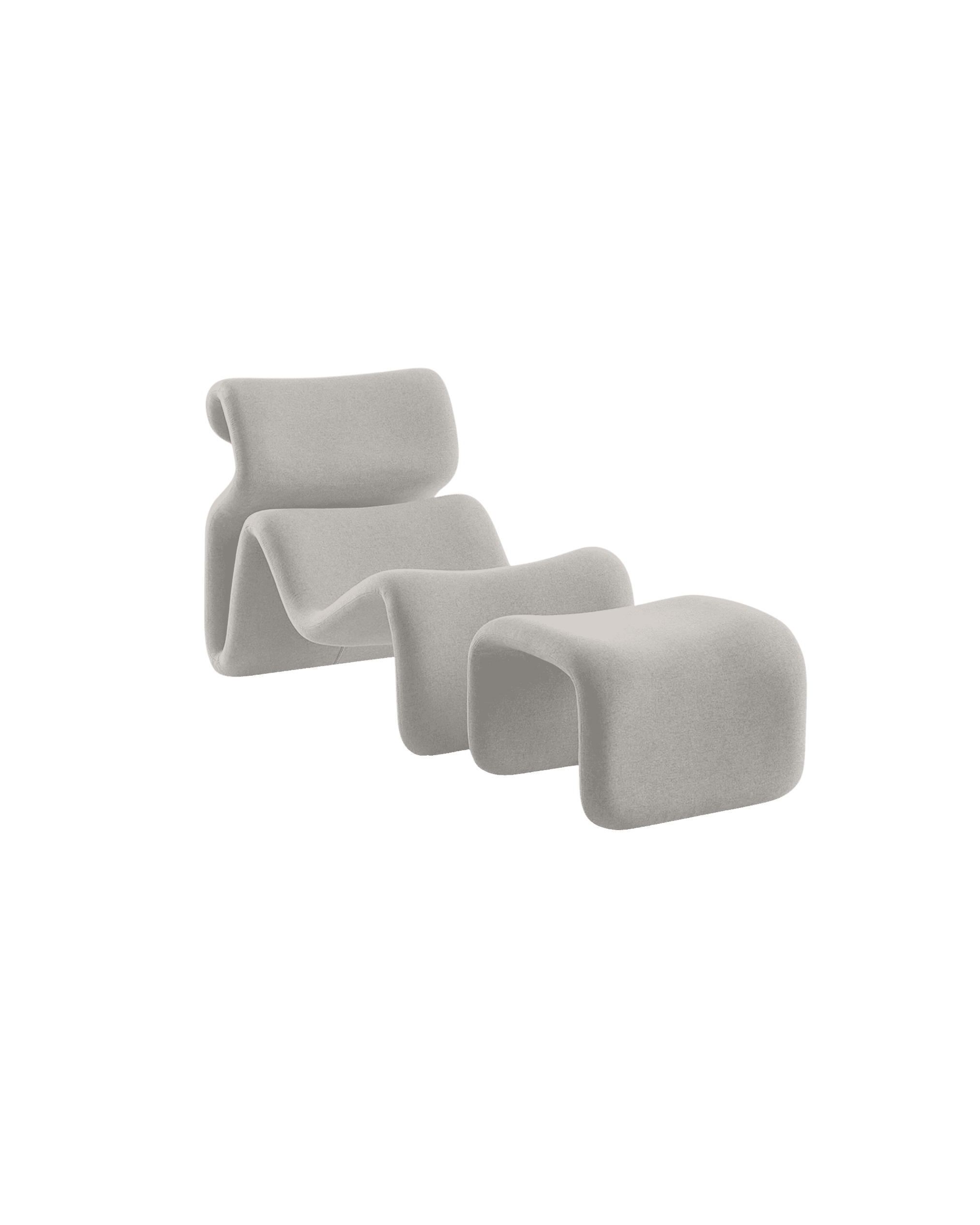Three light-gray curved lounge chairs arranged diagonally on a black background, minimalist seating set.