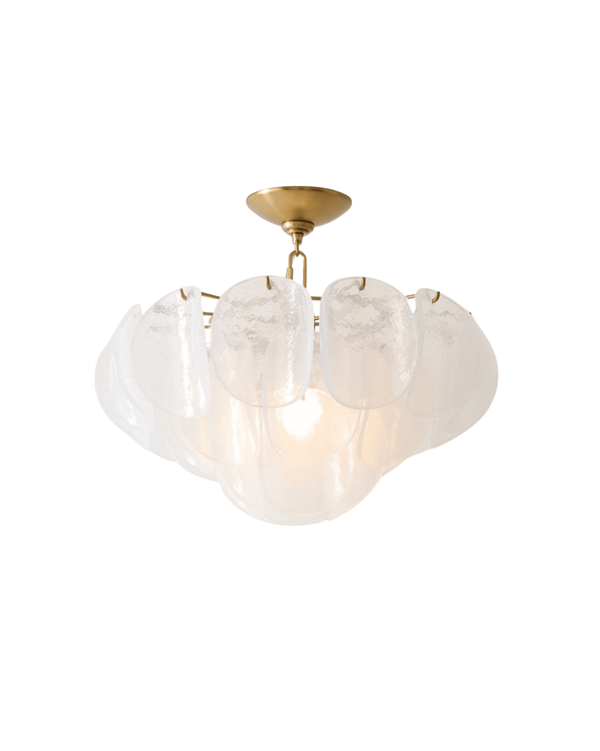 Gold ceiling-mounted chandelier with multiple frosted glass petal shades arranged in a circular cluster