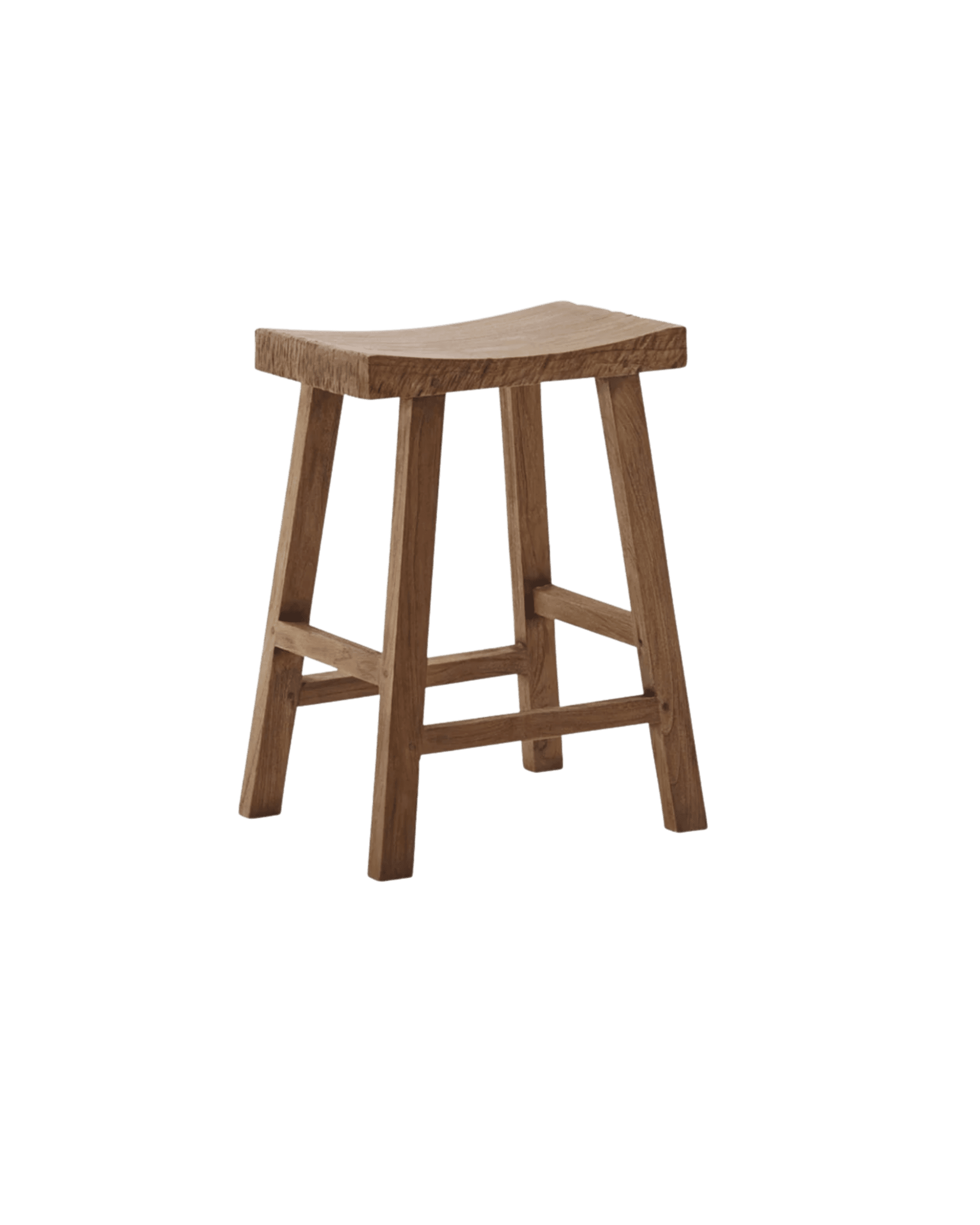 Wooden stool with a curved, natural wood seat and four angled legs viewed from the side, on a transparent background.