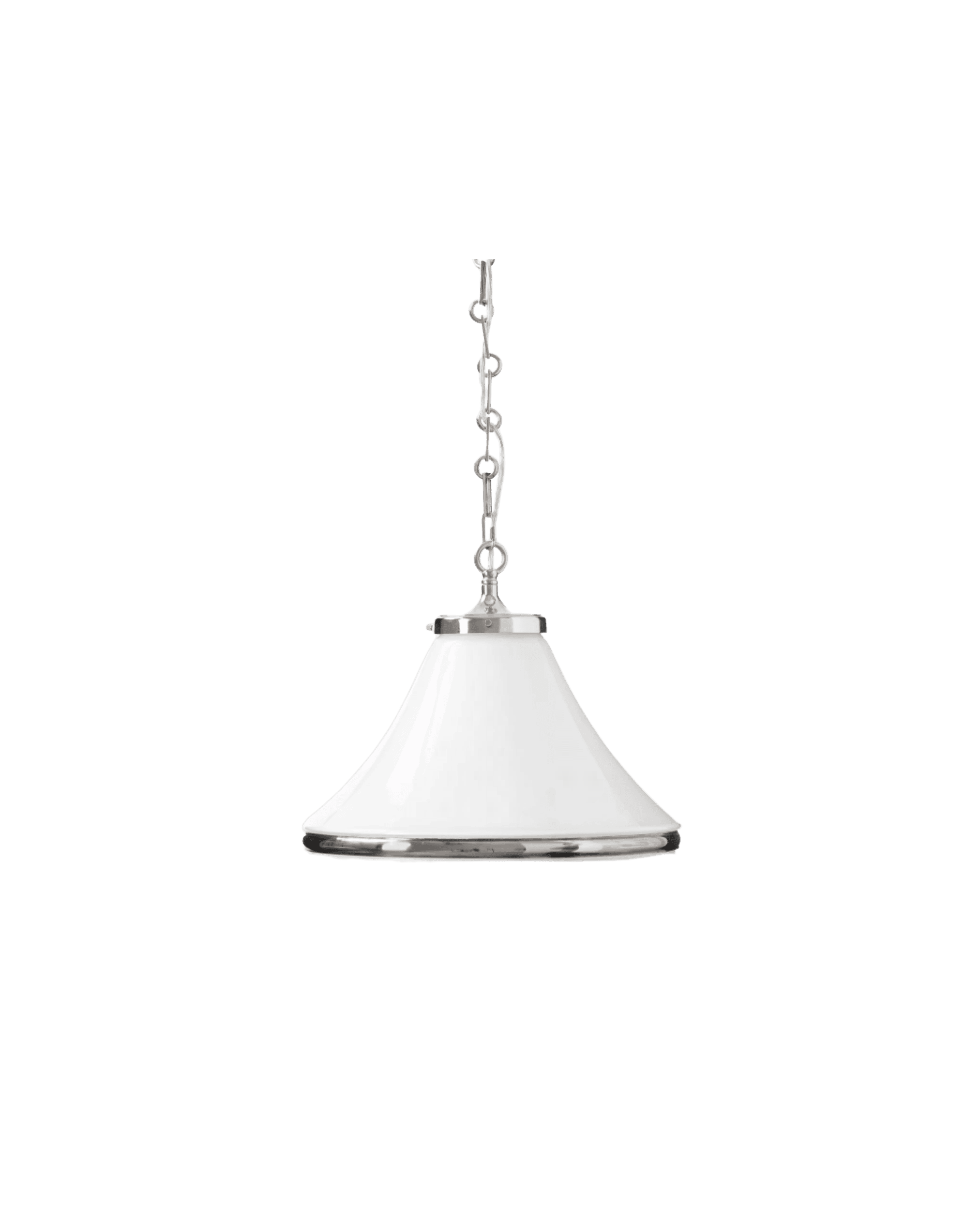 White bell-shaped pendant lamp hanging from a silver chain against a black background with a chrome rim at the shade base