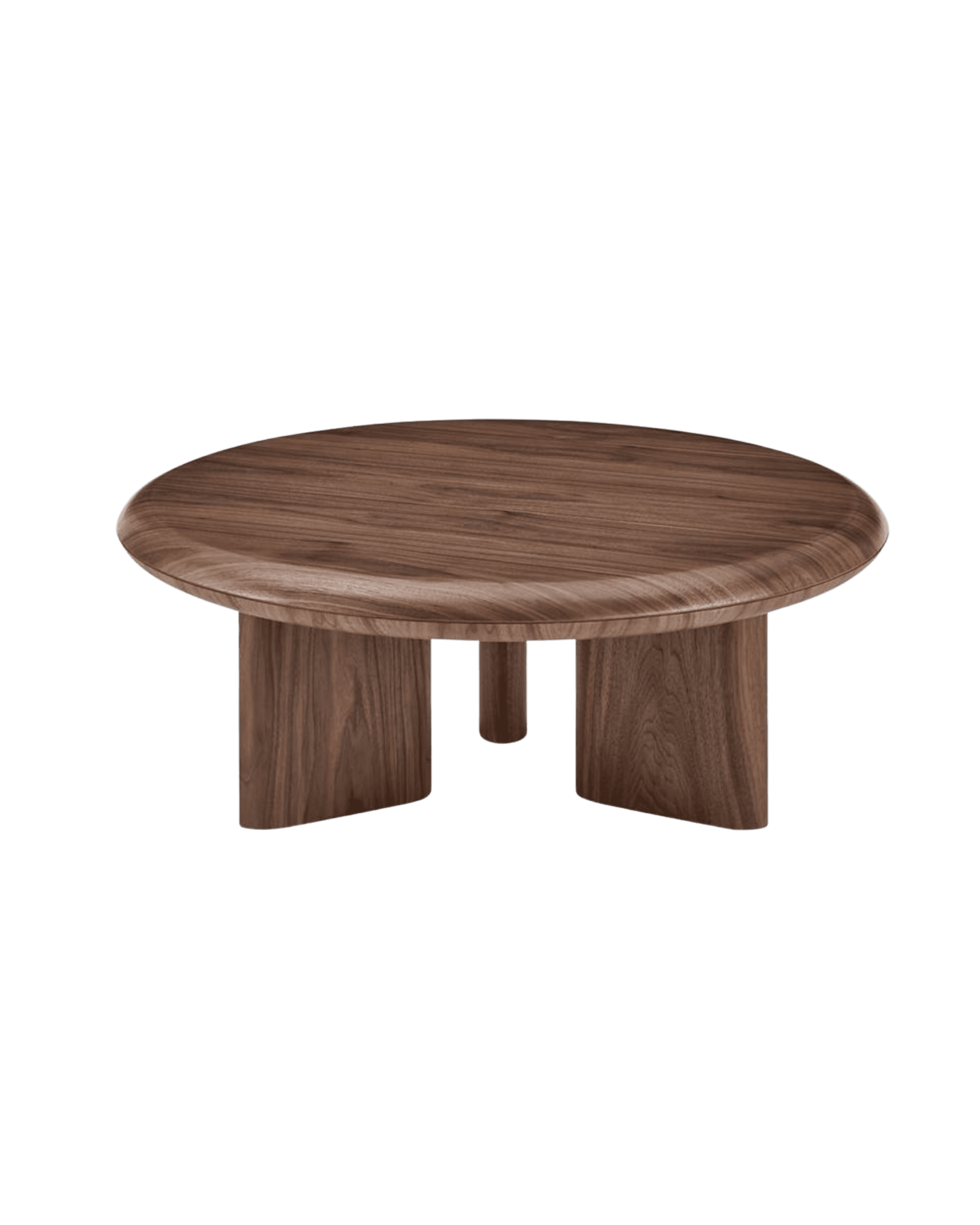 Circular wooden table top with a natural wood grain, shown from a low, underside-angle view against a black background. The table has thick rounded legs and a central support piece visible beneath the top.