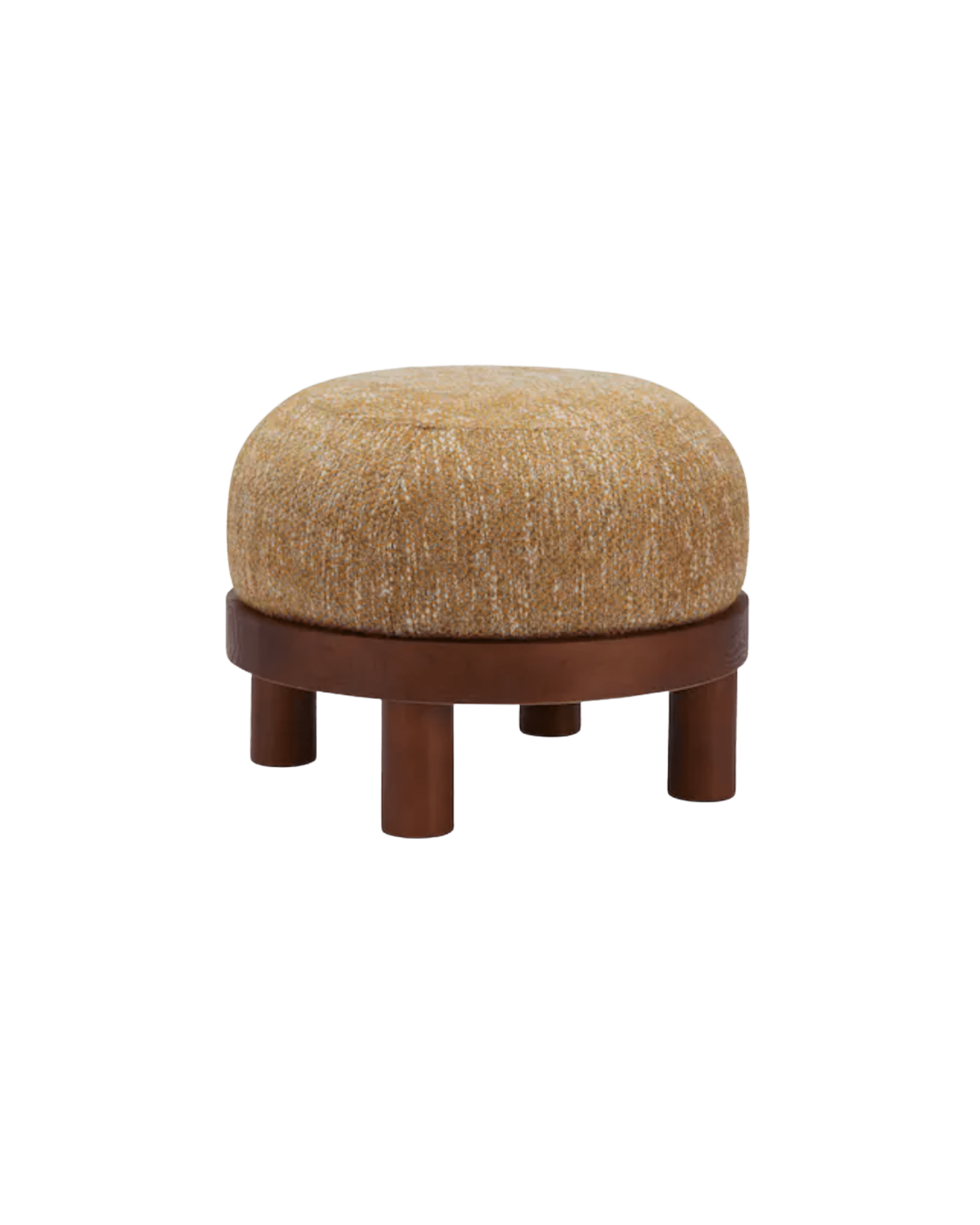 Round cushioned stool with a textured tan fabric seat and brown wooden legs