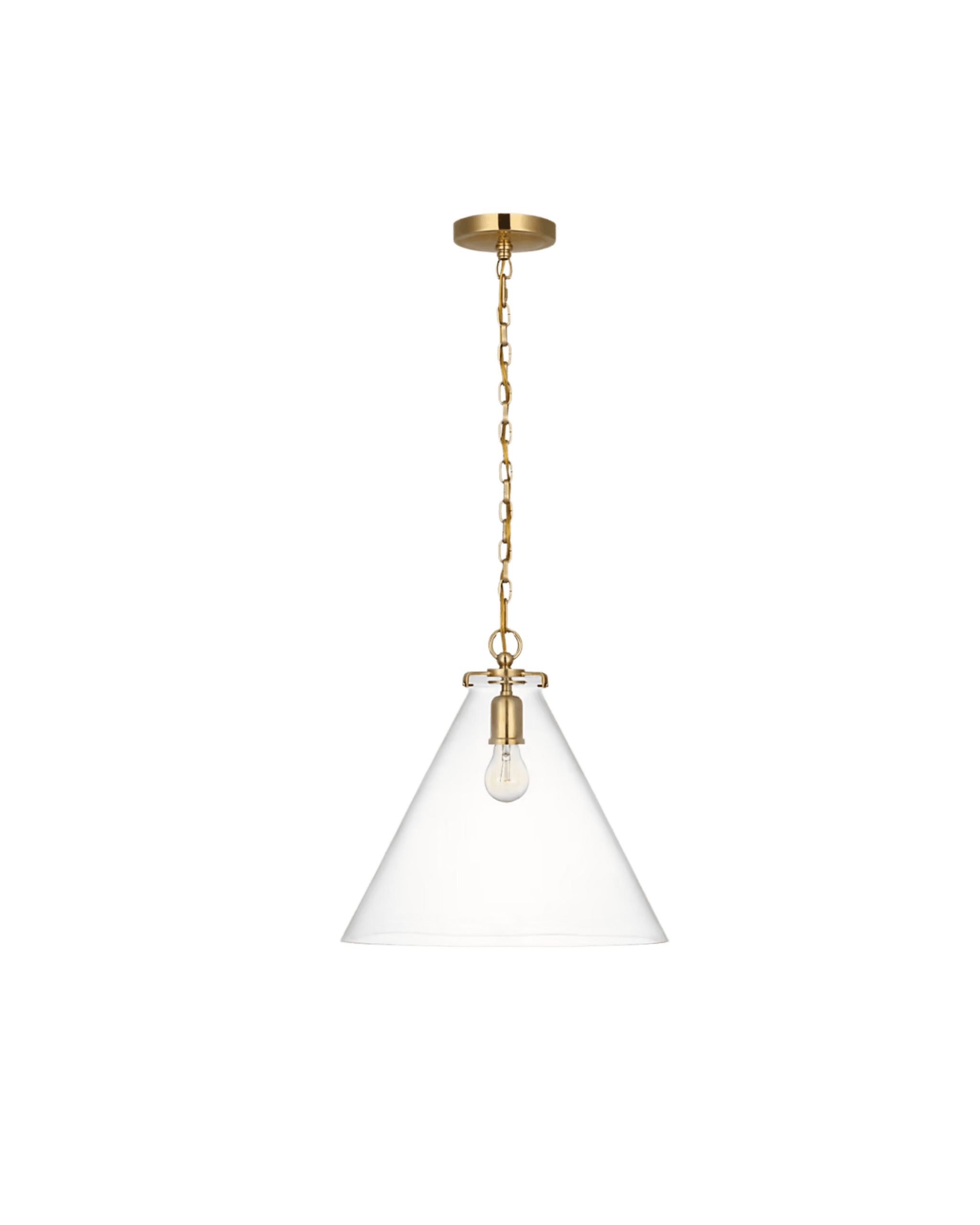 Gold ceiling mount with a brass chain suspending a white cone pendant lamp against a black background.