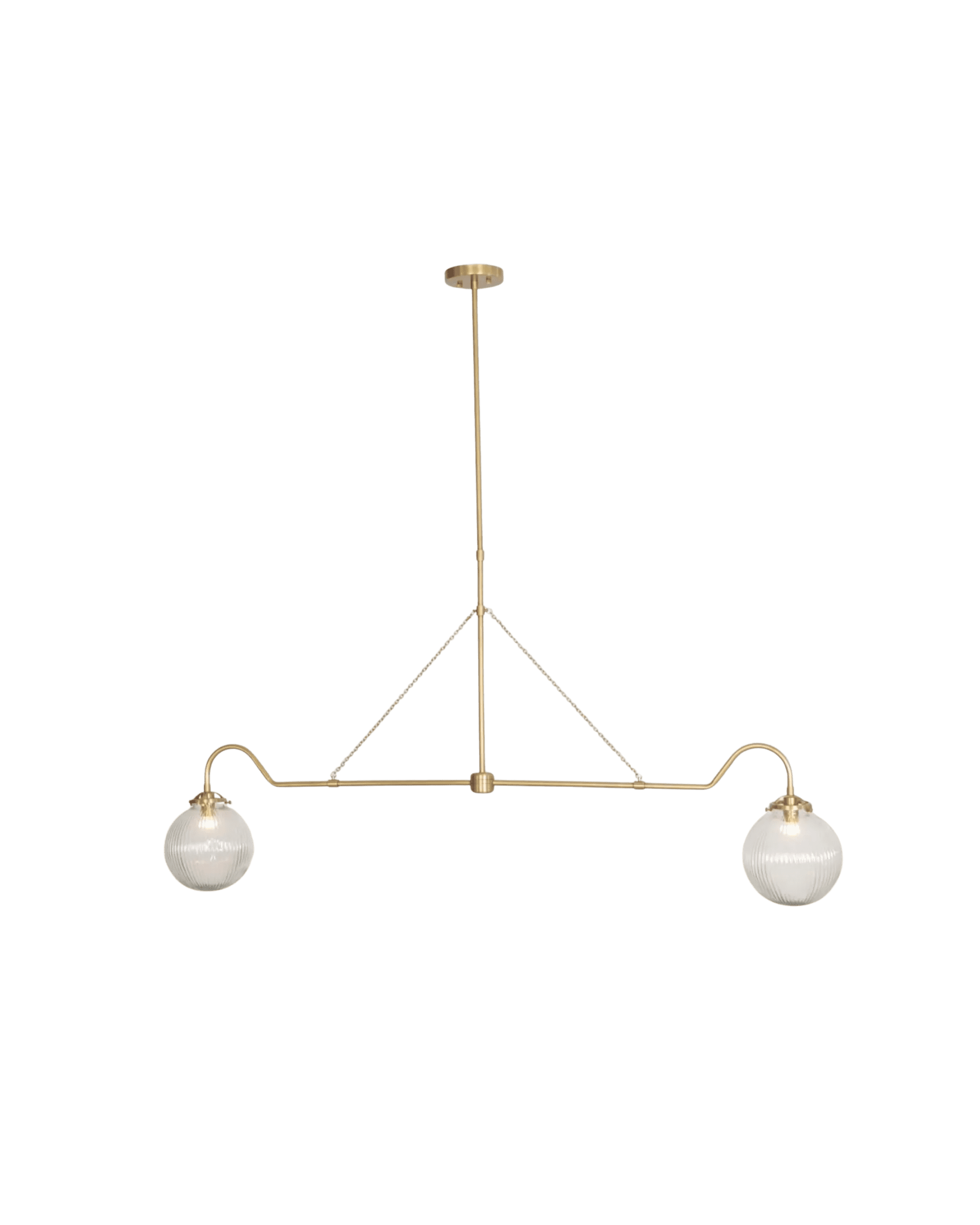 Gold-toned ceiling light fixture with a horizontal bar supporting two ribbed glass globes on left and right, suspended by cables from a ceiling canopy.
