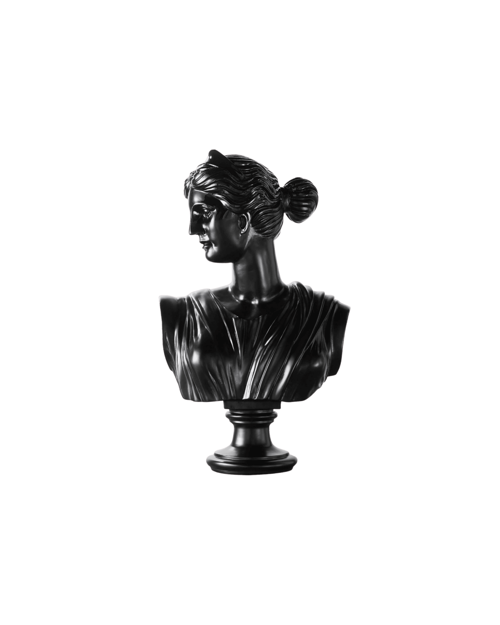 Black glossy statue bust of a woman with a bun, set against a black background, facing left on a pedestal