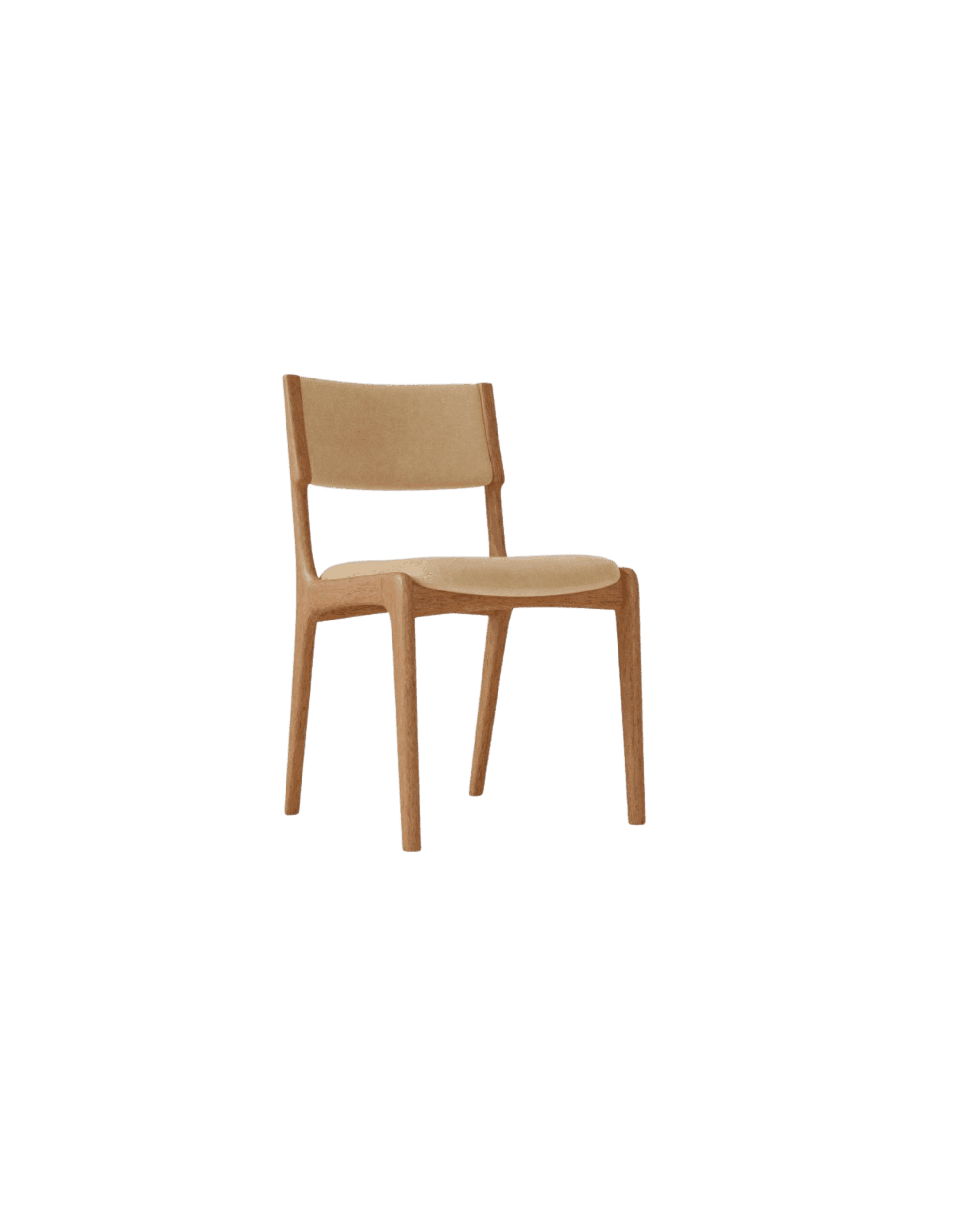 Wooden chair with a curved beige upholstered seat and backrest, shown against a black background (rear/side view).