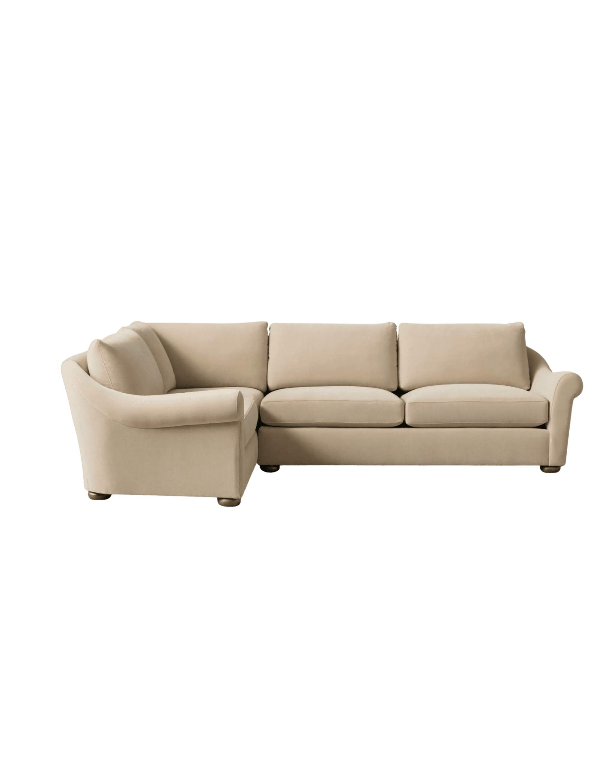 Beige L-shaped sofa with a left chaise, three-seat section, against a black background.