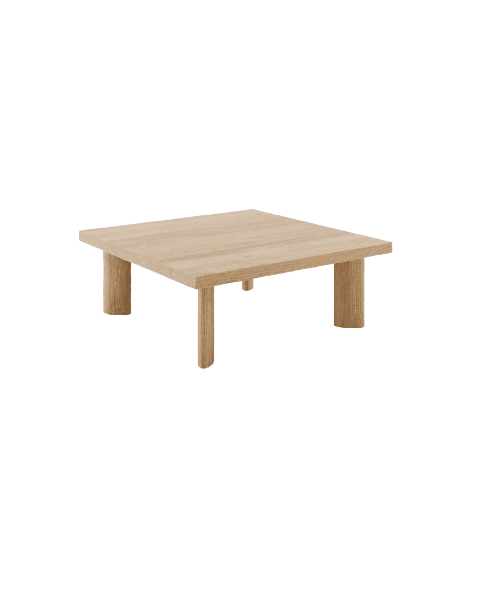 Light wooden rectangular table with thick legs, set against a black background (isolated object).