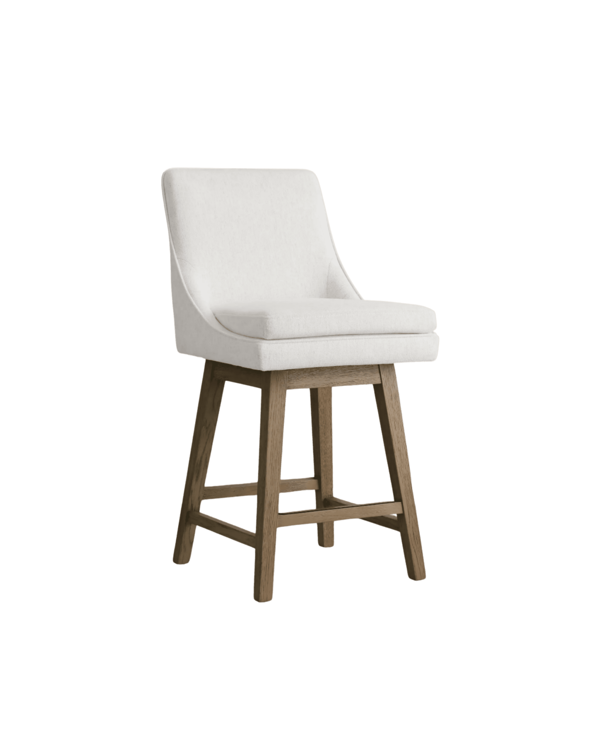 White upholstered chair with a tall curved back and wooden legs, set against a black background.