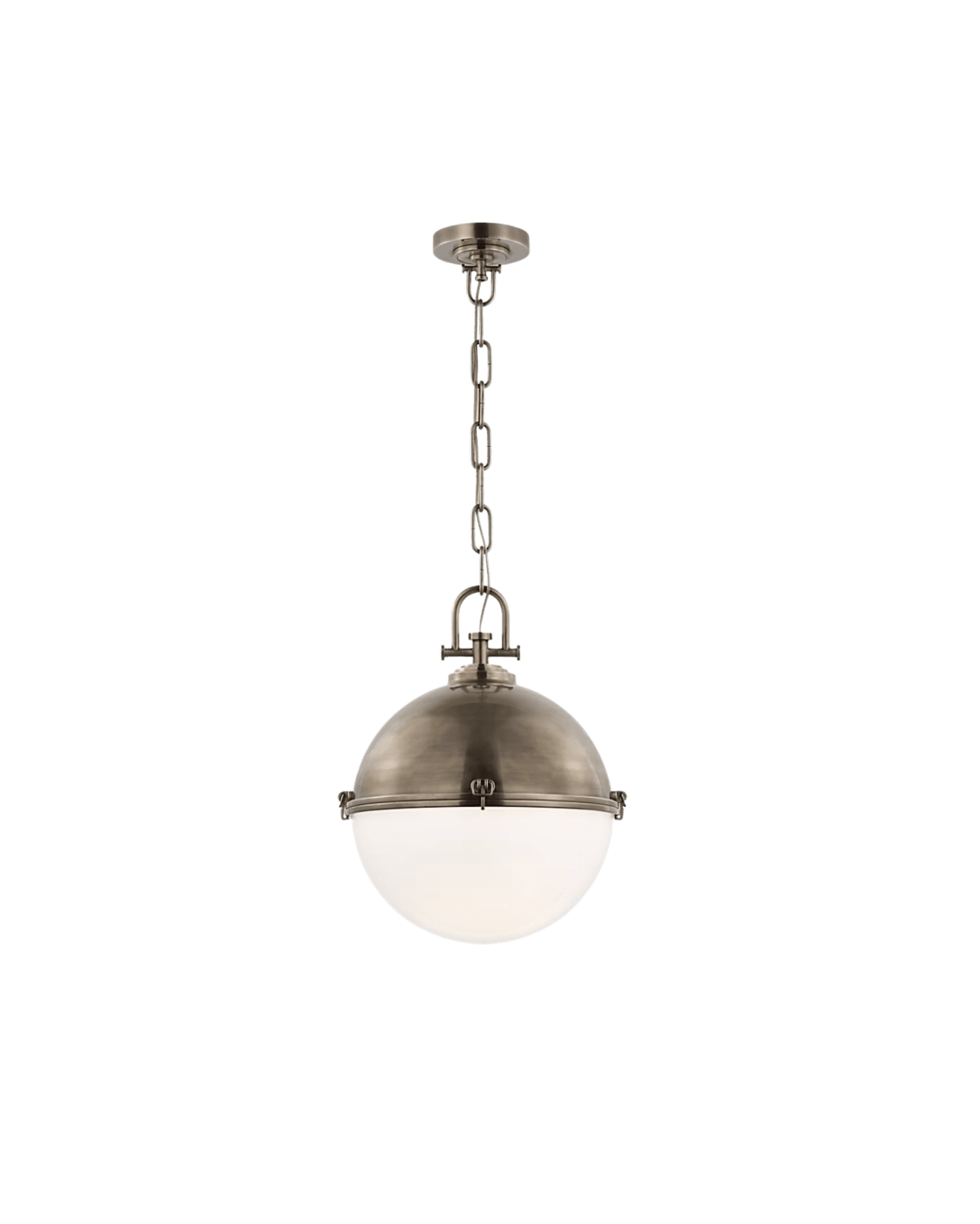 Industrial-style hanging pendant light with a metal chain and a frosted glass globe against a black background.