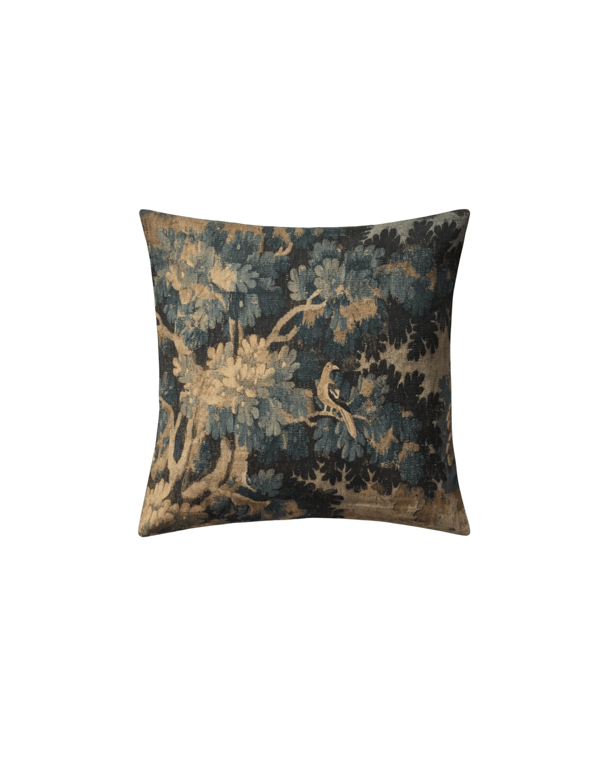 Decorative floral-patterned throw pillow in blue and beige on a black background, close-up view from the top edge area