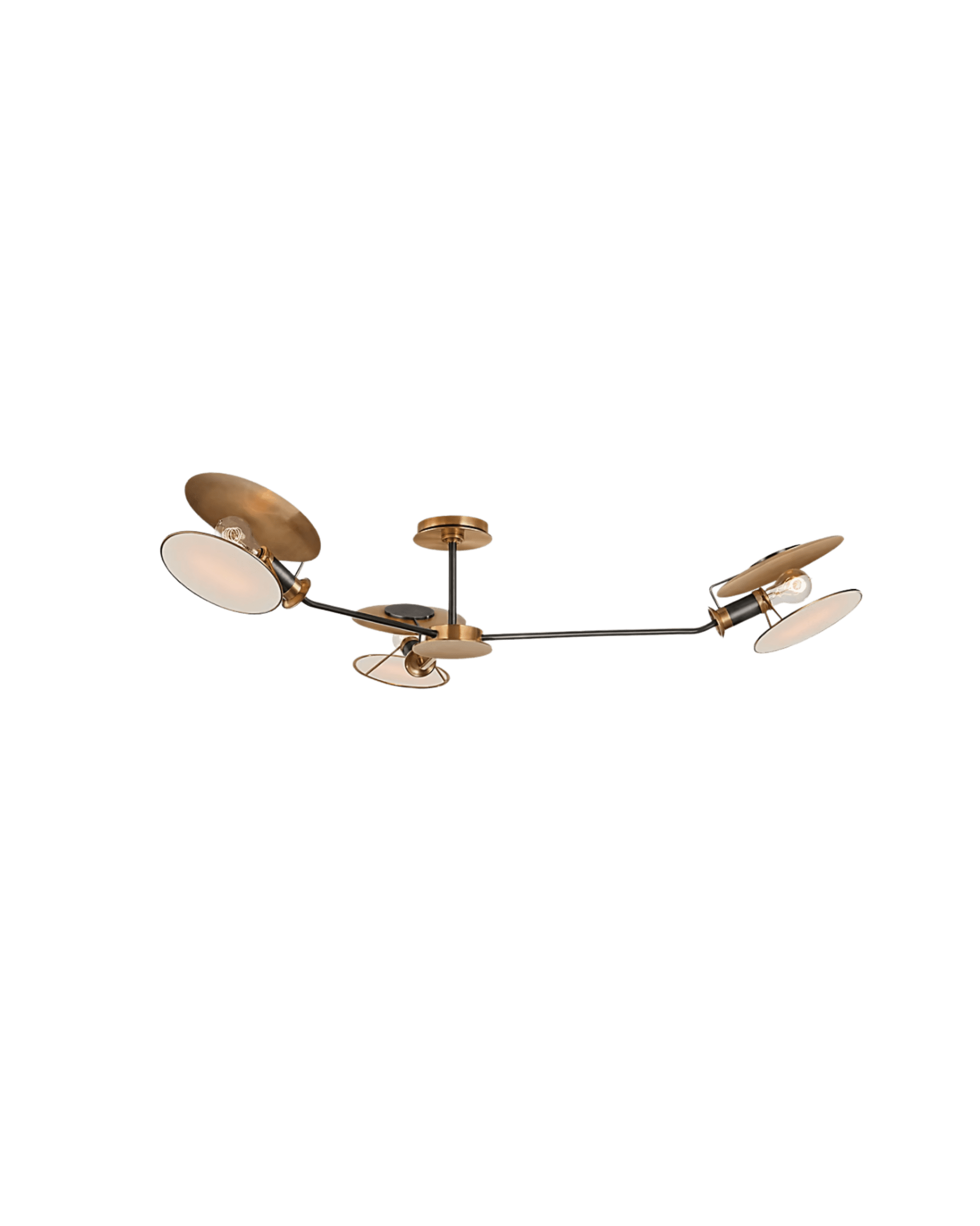 Bronze multi-arm ceiling lamp with circular white shades against a black background