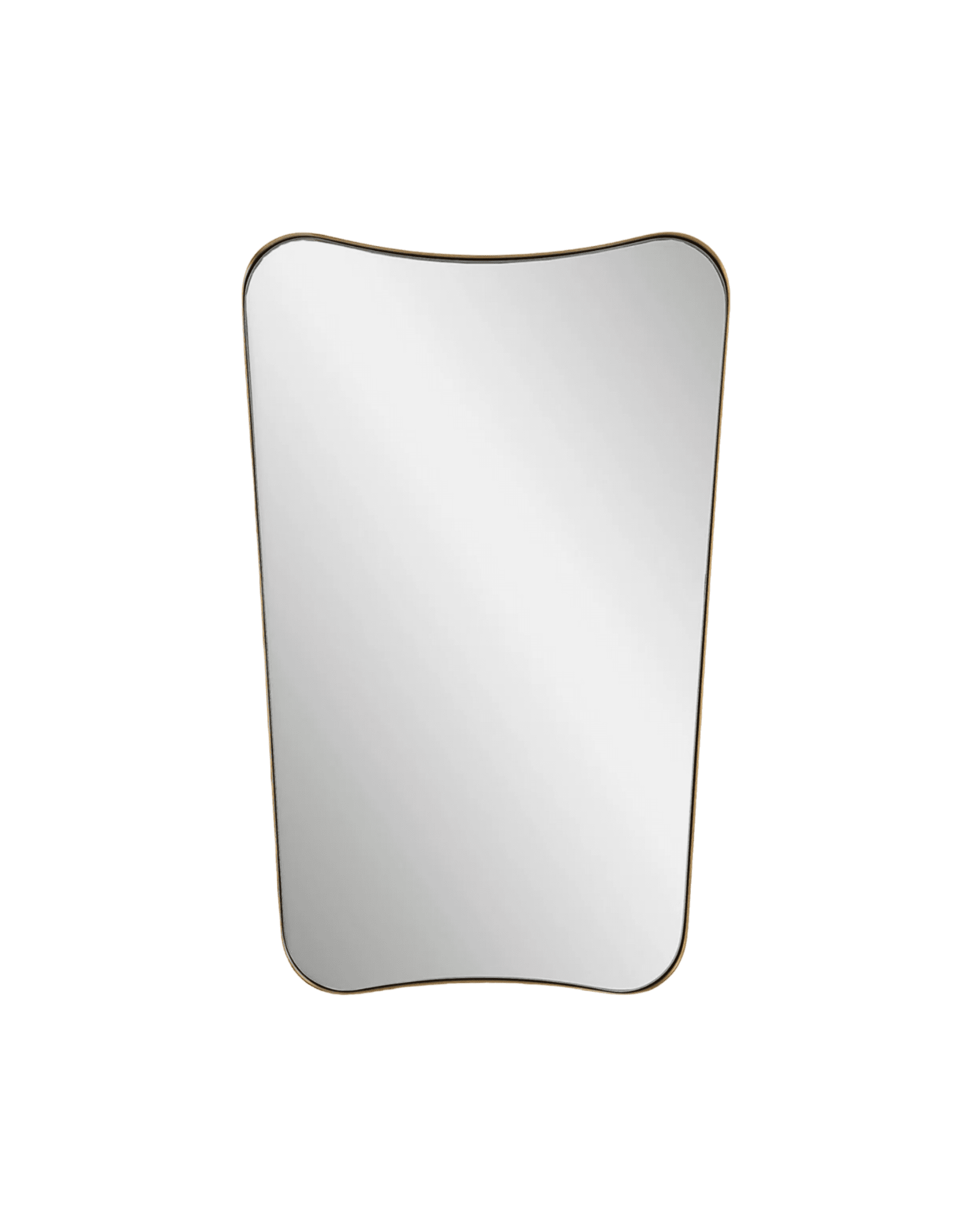 Tall, curved vanity mirror with a thin gold rim against a black background.