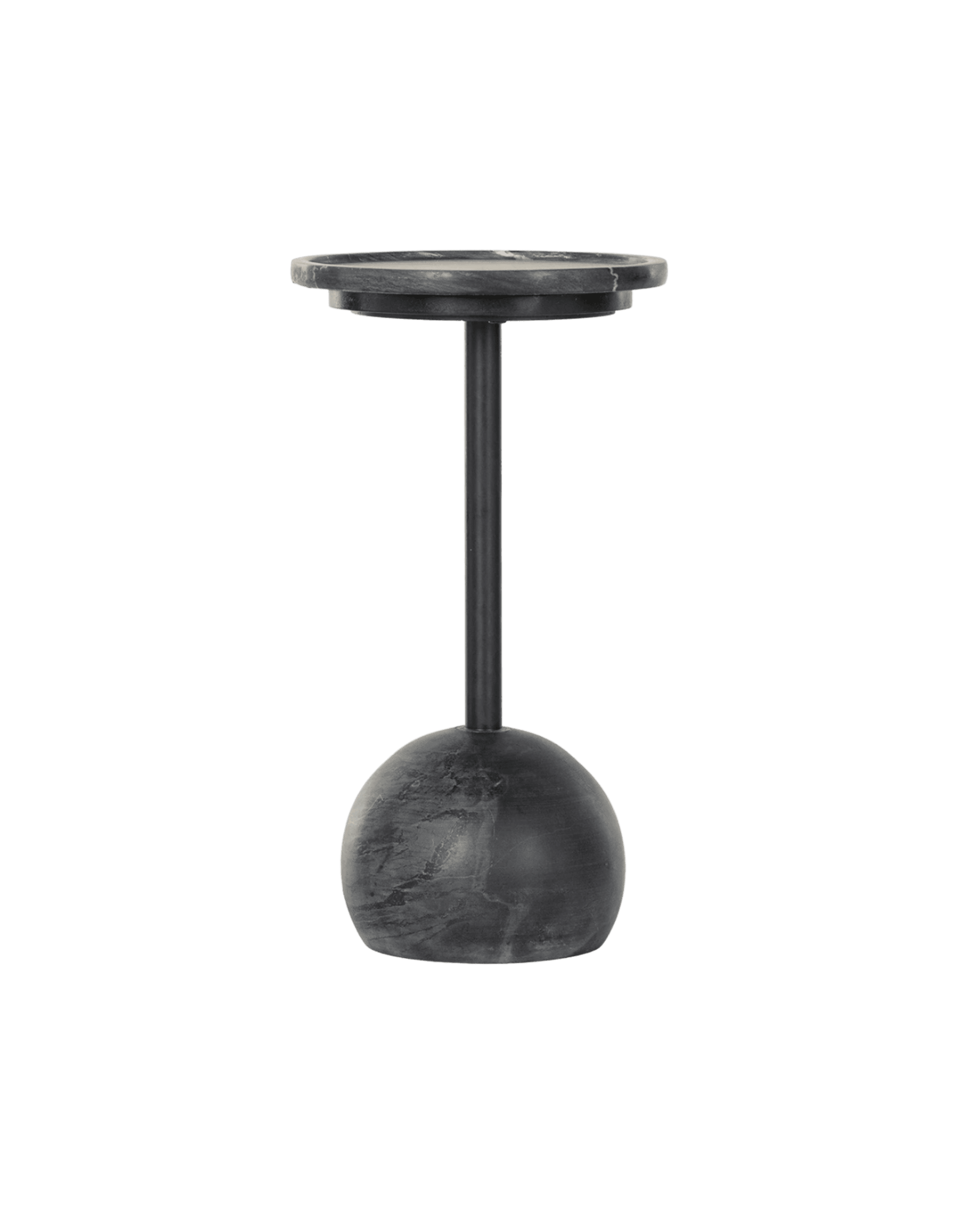 Minimalist floor lamp: slim metal stem supports a layered marble disk at the top and a marble globe base against a black background.
