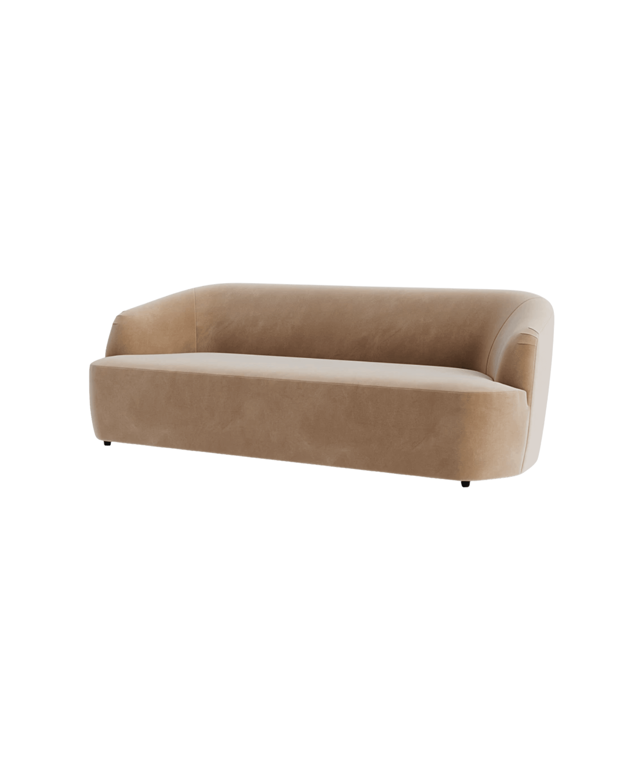 Beige upholstered sofa with rounded armrests shown against a black background.