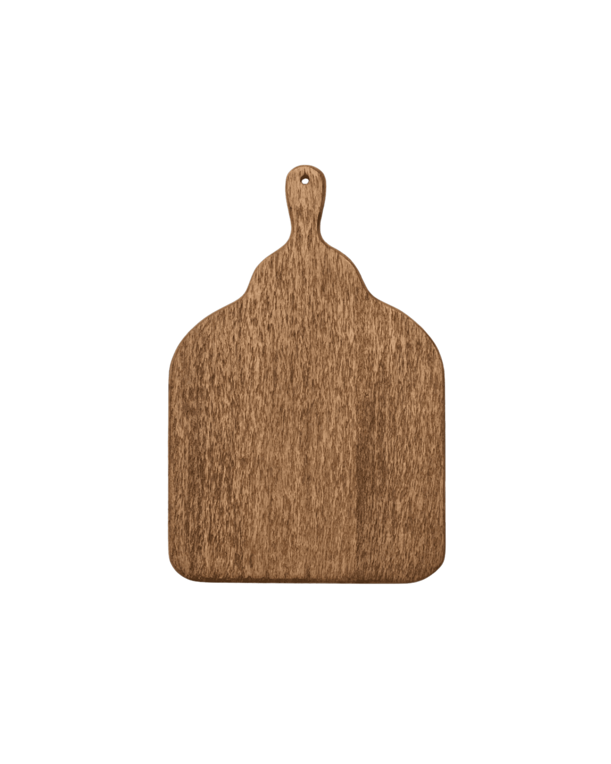 Wooden cutting board with rounded handle and a hanging hole, on a black background.