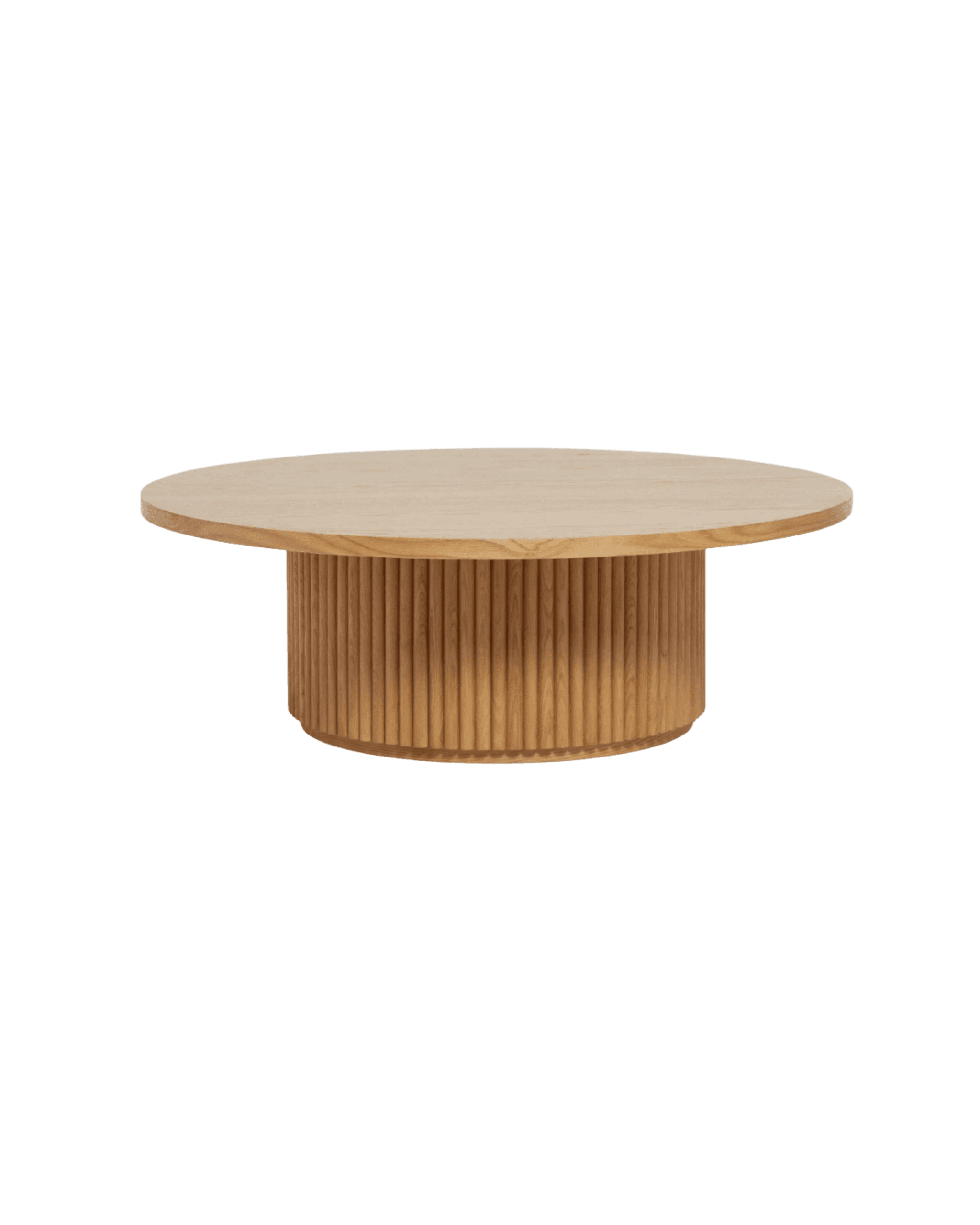 Round wooden coffee table with vertical slat pedestal base, shown against a black background.