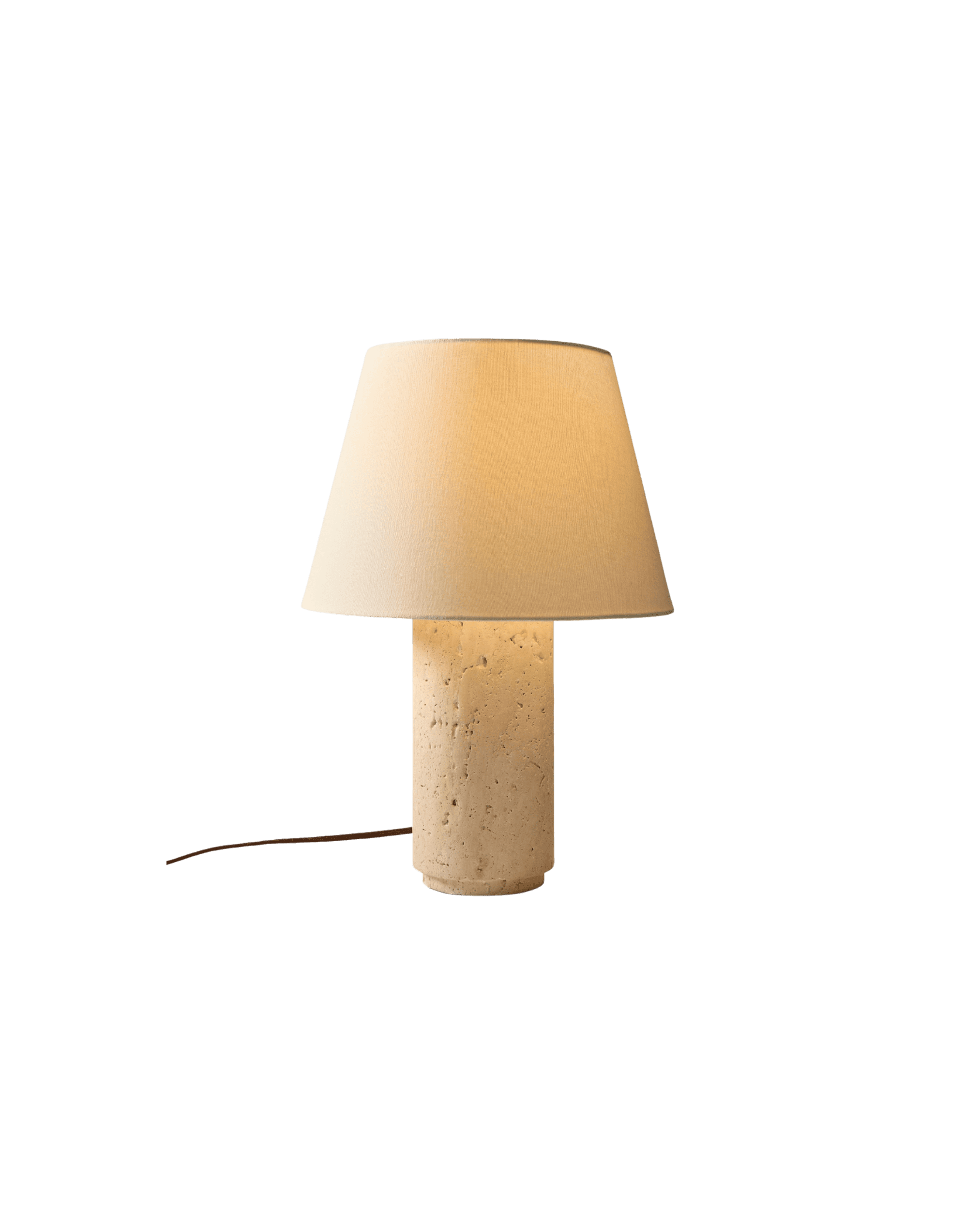 Beige lampshade atop a cork-textured lamp base with a visible cord against a black background.