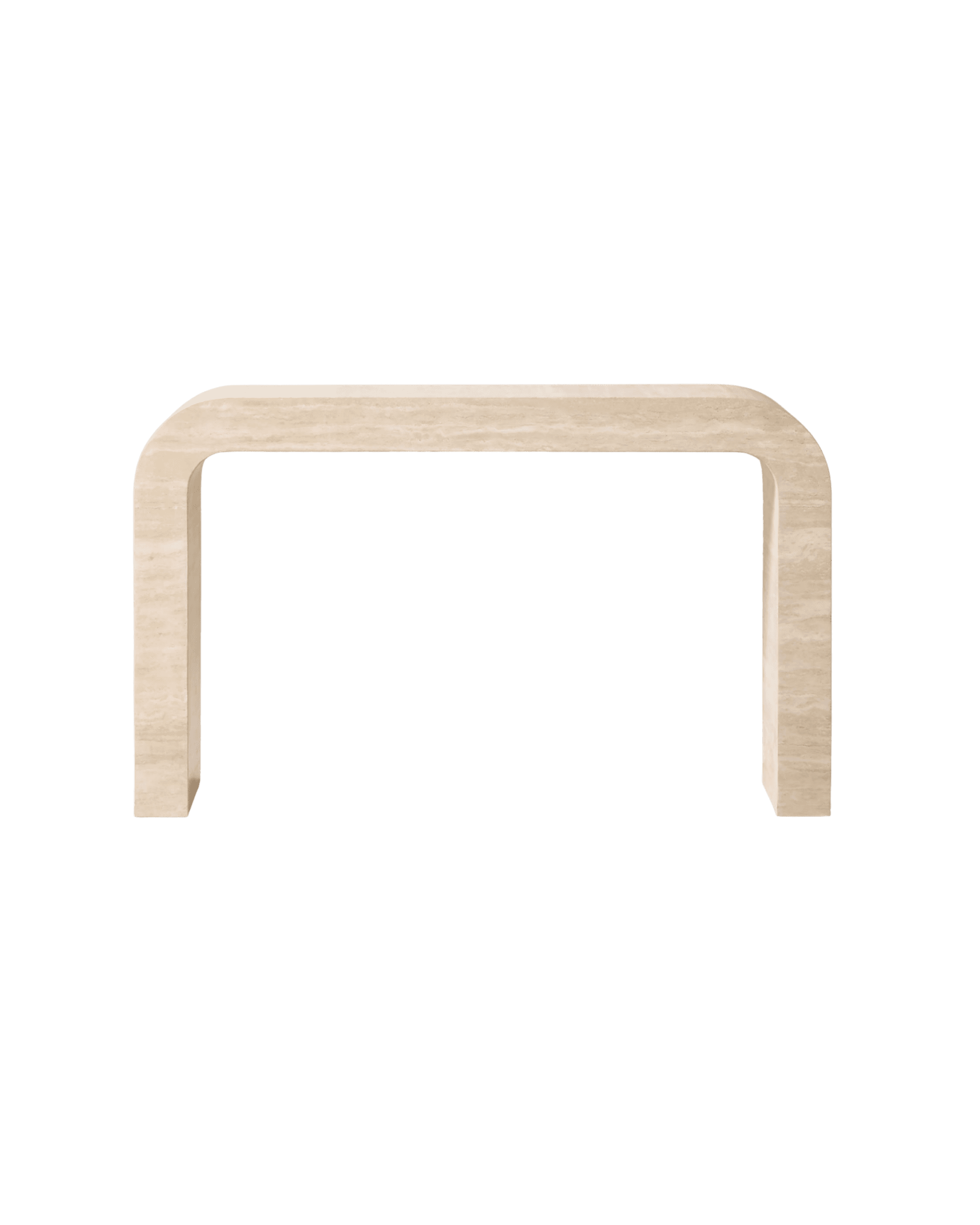 Beige marble-like curved arch frame seen from the side, forming a rectangular leg of a piece of furniture