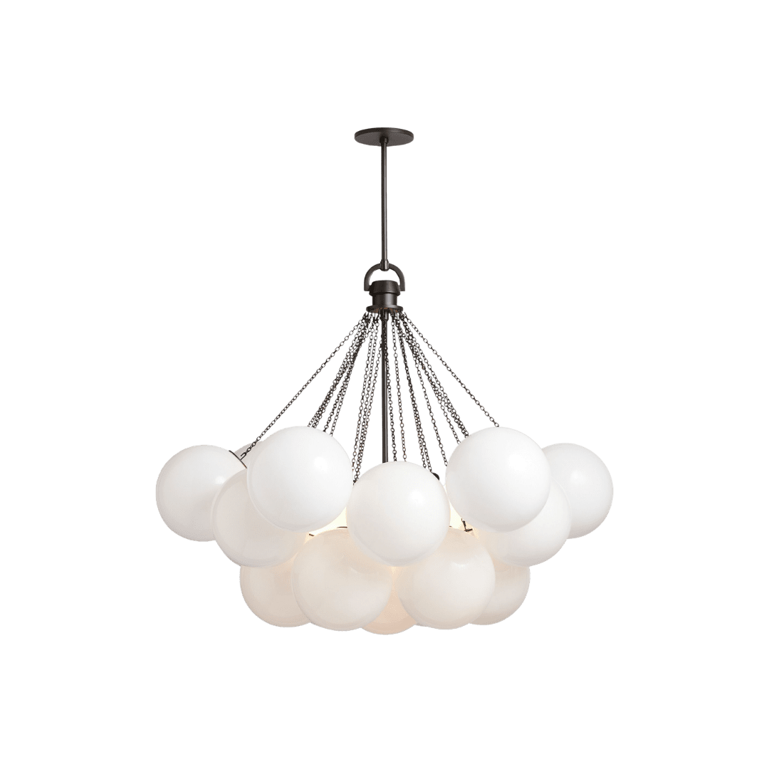 Chandelier with multiple white glass globes hanging from black chains and rod? complex.