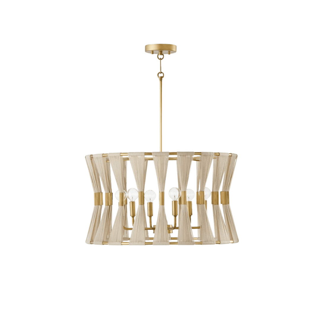 Gold chandelier with a circular frame, cream rope-like strands, and exposed bulbs.