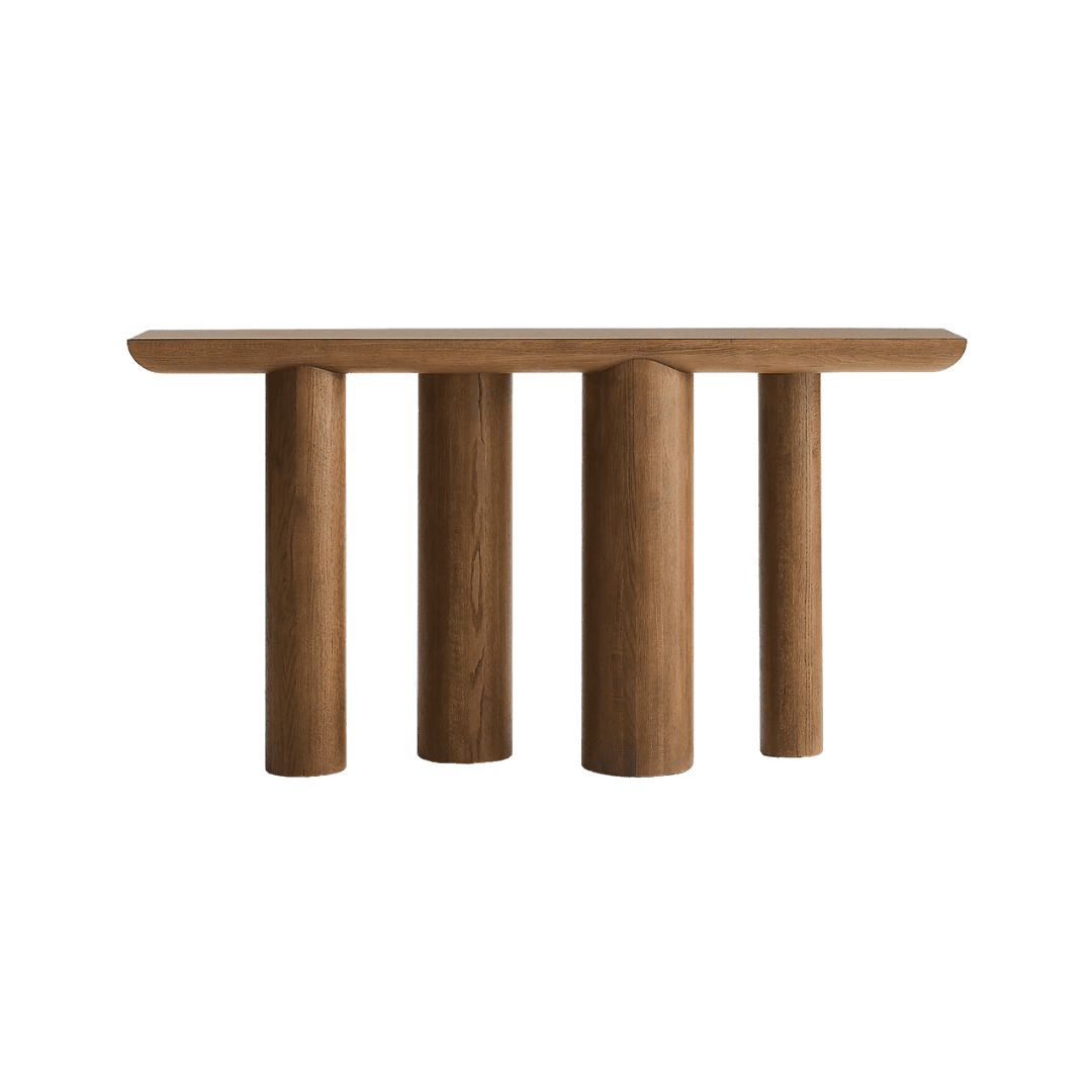 Wooden bench/stool with a flat rectangular seat and four thick cylindrical legs.