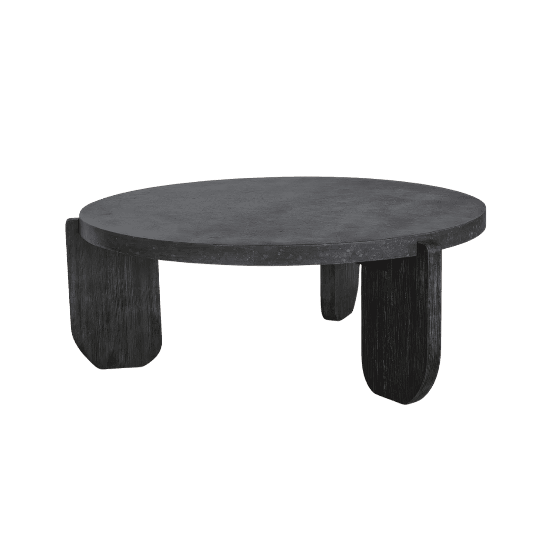 Round dark coffee table with three thick legs, low-profile design and matte finish