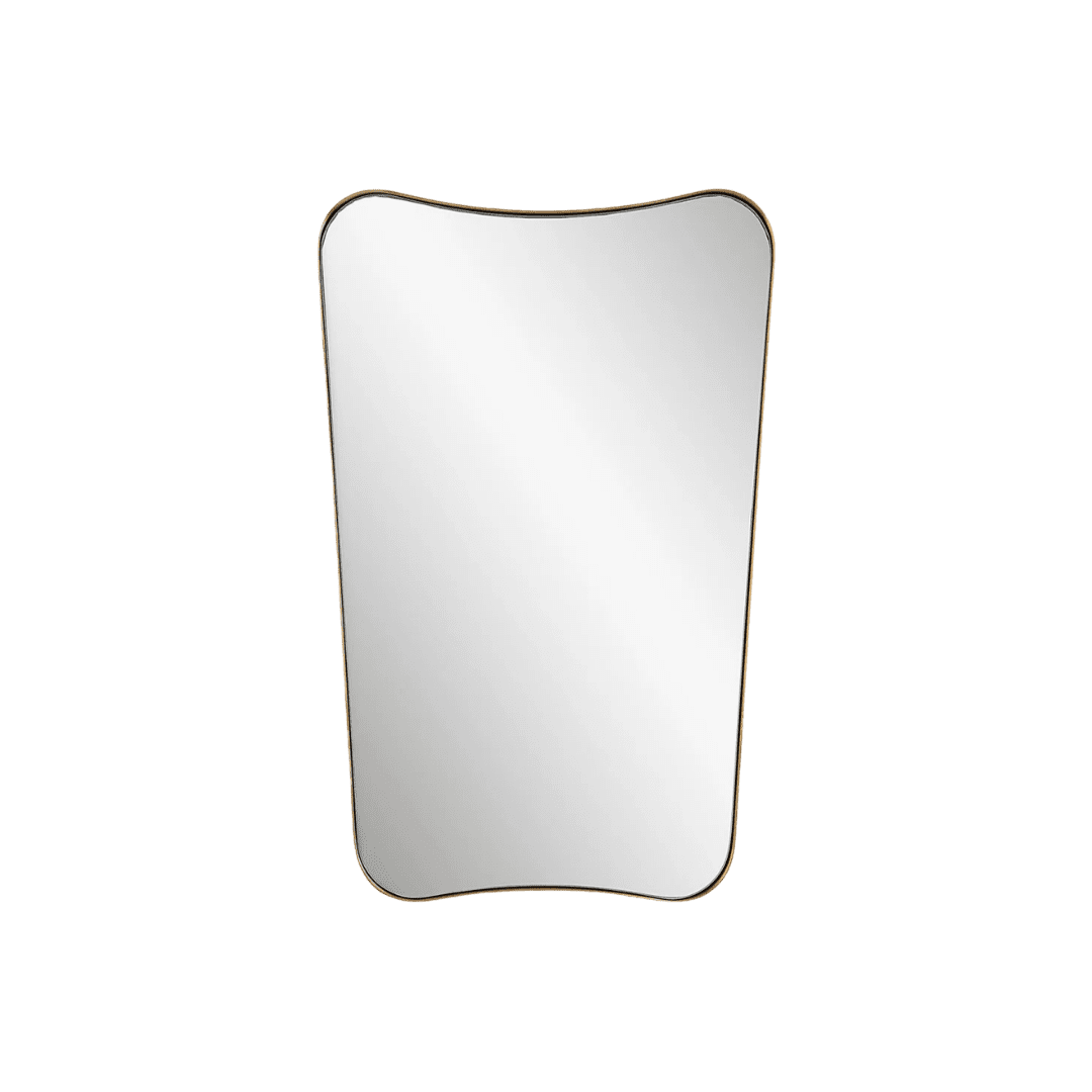 Tall, irregularly curved wall mirror with a thin gold frame.