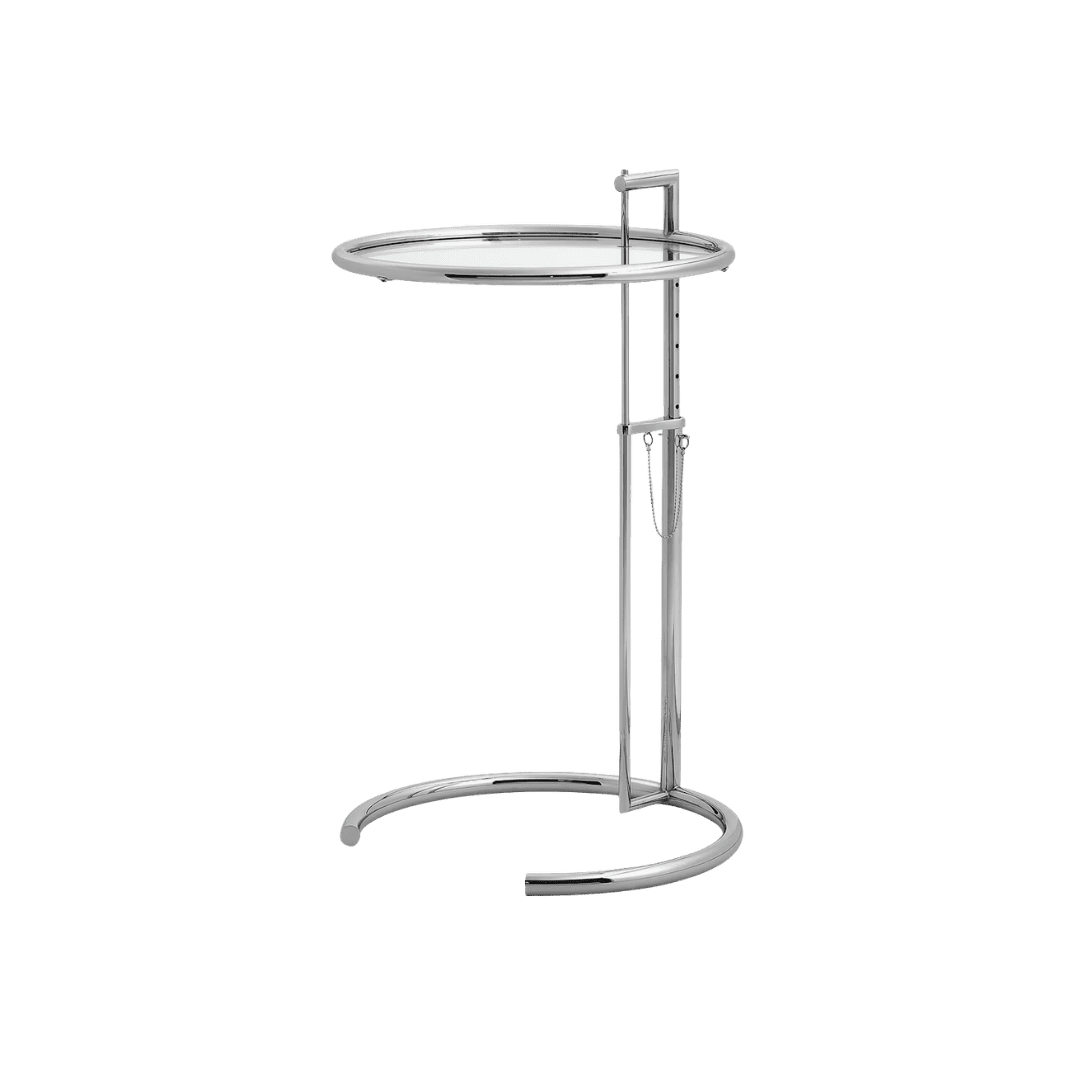 Chrome freestanding circular towel rack with a top rail and curved circular base, standing lamp-like.