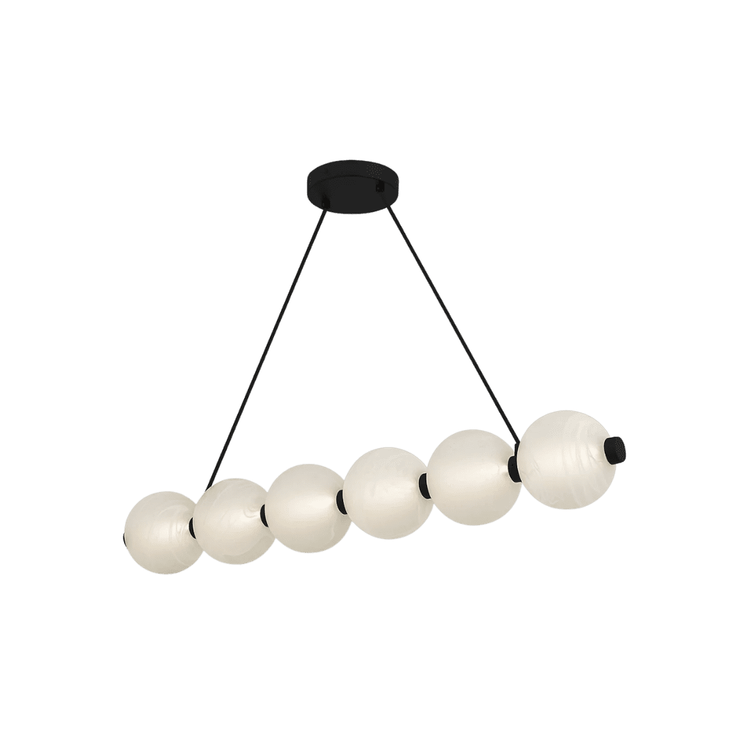 Ceiling-mounted pendant light with six frosted glass globe bulbs arranged in a curved line and black cords.