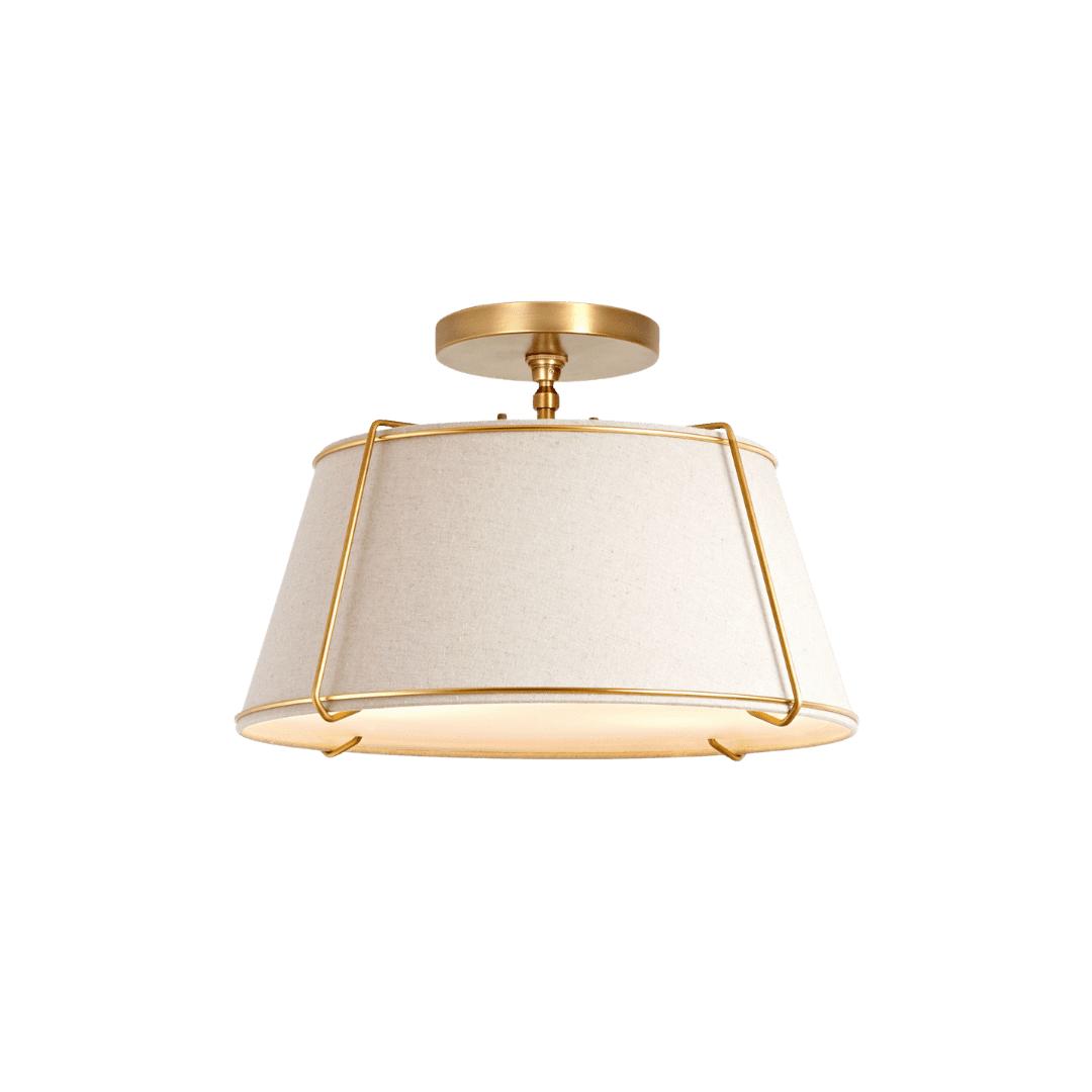 Gold ceiling-mounted pendant light with a beige fabric drum shade and slim gold frame.