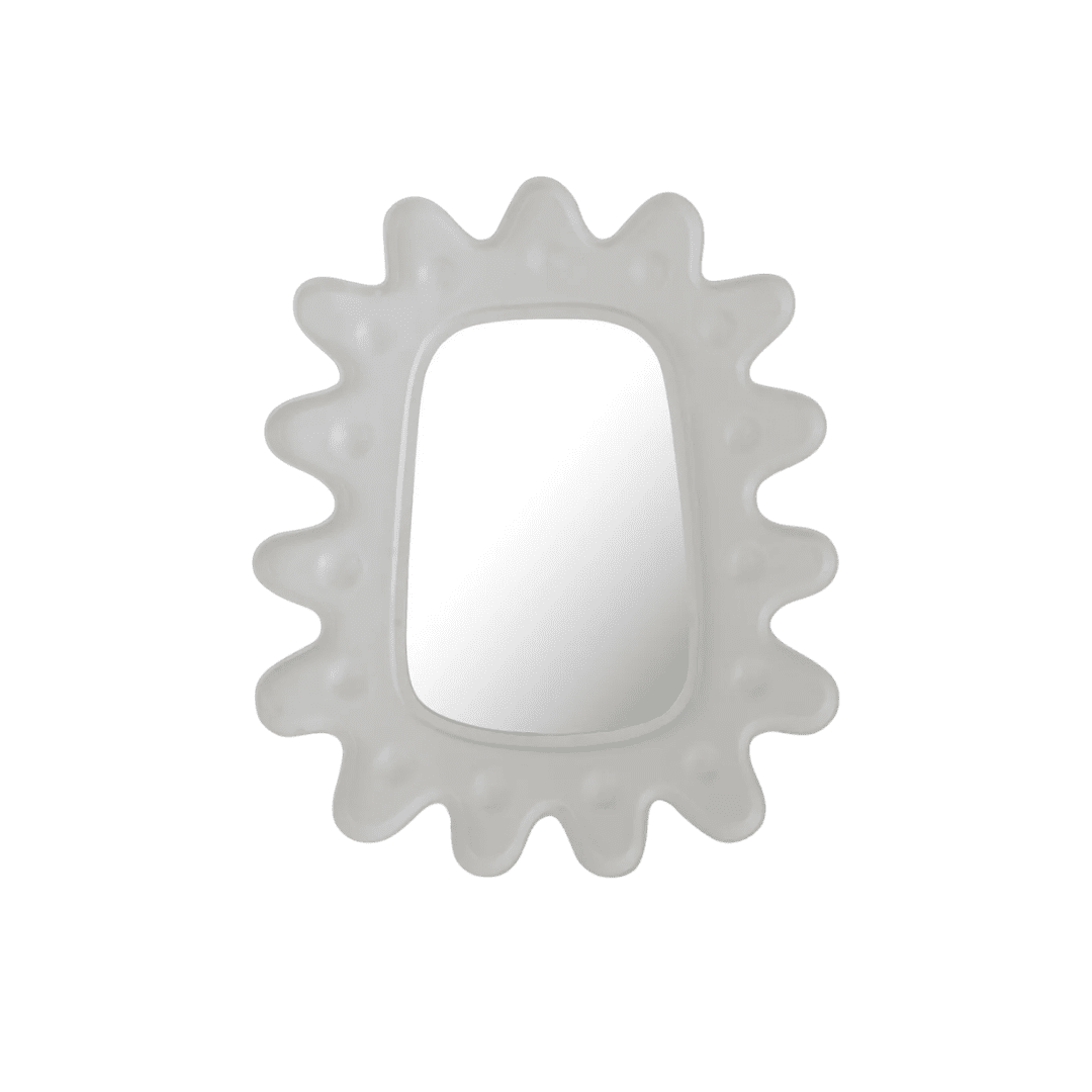 White starburst-shaped mirror with rounded, irregular spikes and a small central reflective surface