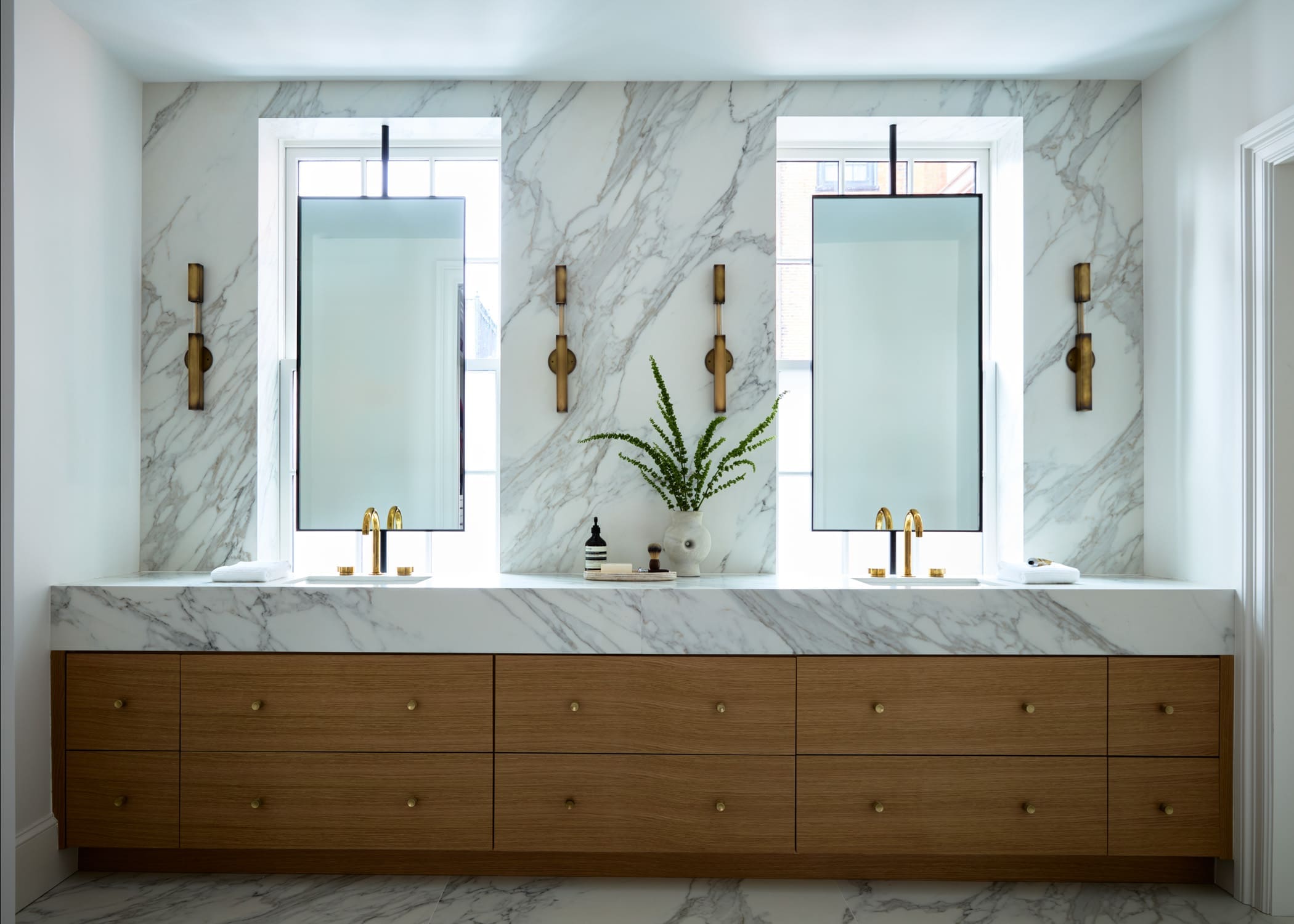 Double vanity with marble countertop and backsplash, gold faucets, and mirrored cabinets; plant on the counter.