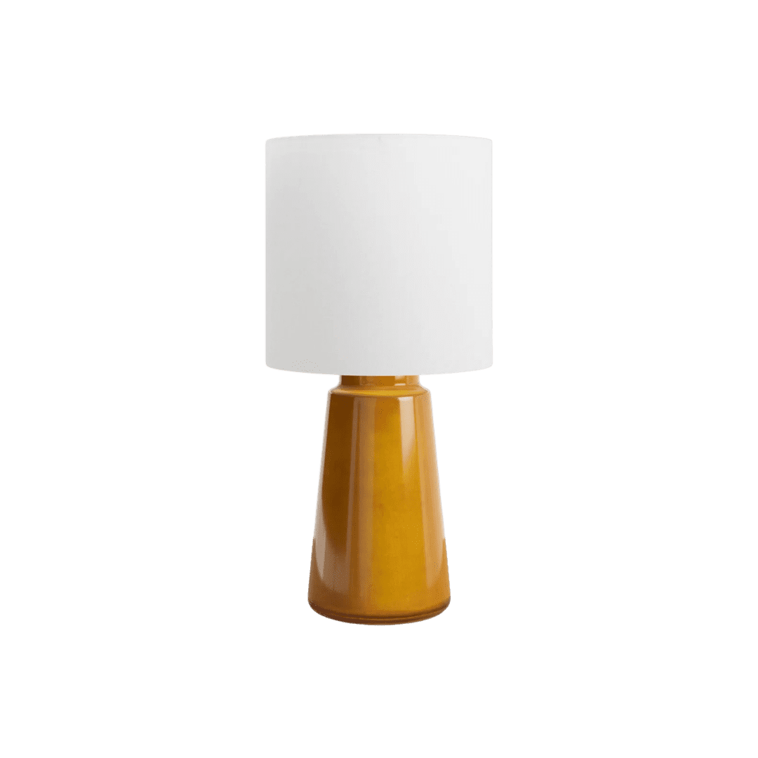 Brown glazed ceramic table lamp with a white drum shade.