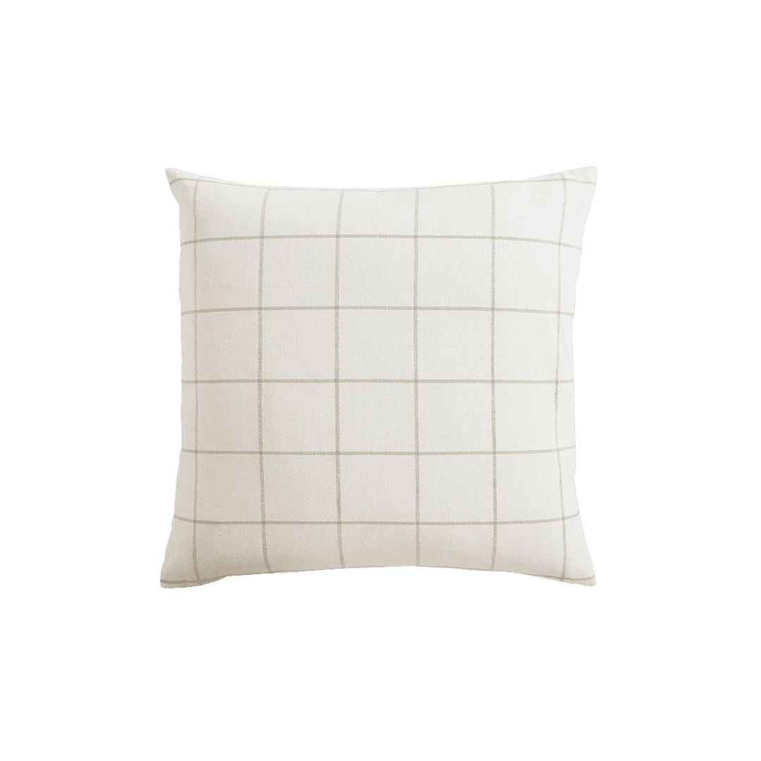 Cream square throw pillow with a light brown grid pattern for a minimalist decor look