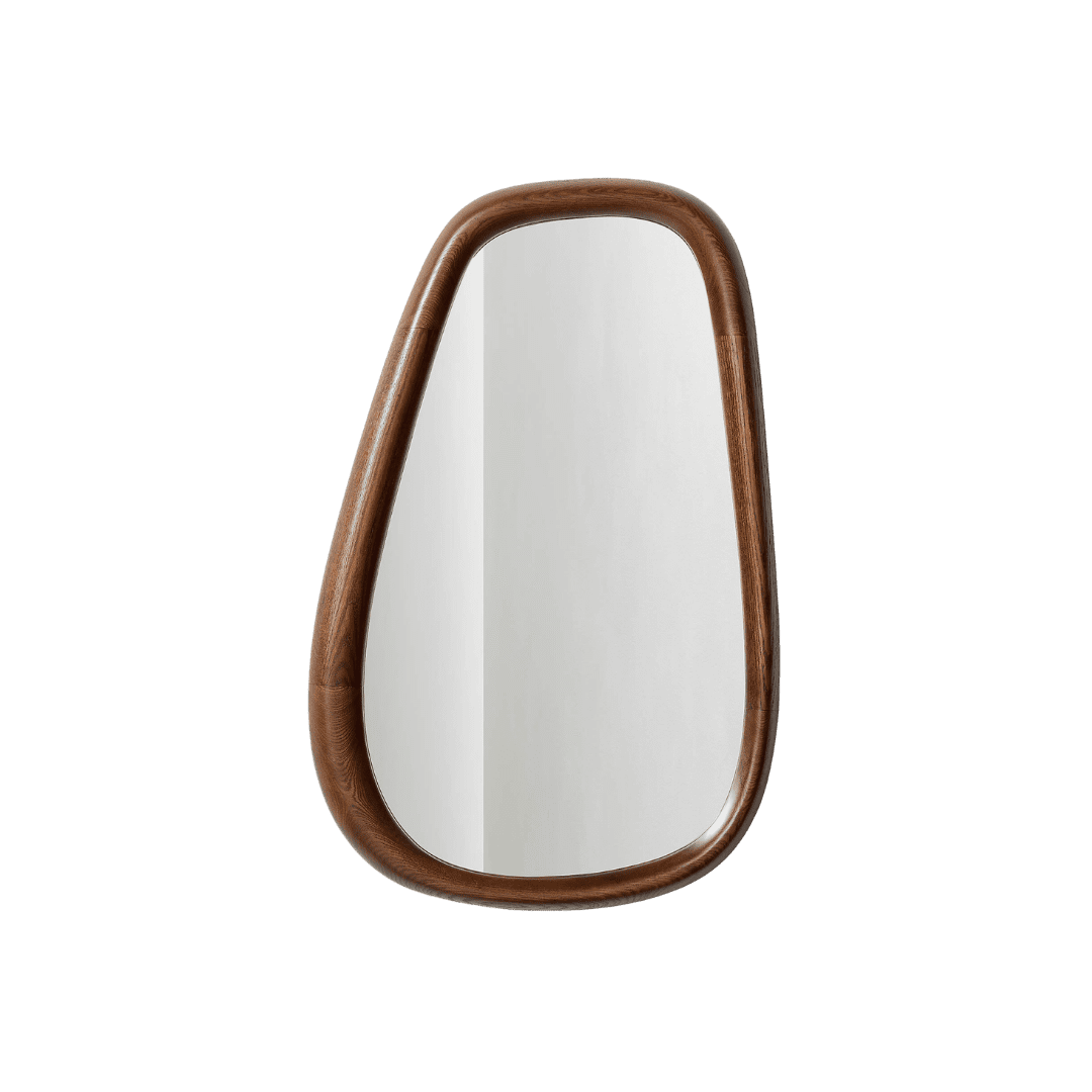 Oval mirror with a rounded brown wooden frame.