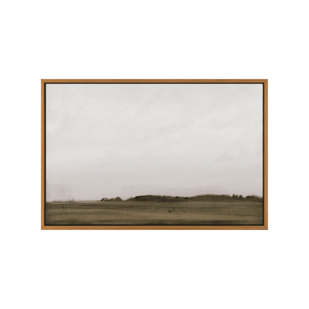 Wood-framed landscape painting showing a flat, empty plain under a pale sky with distant hills